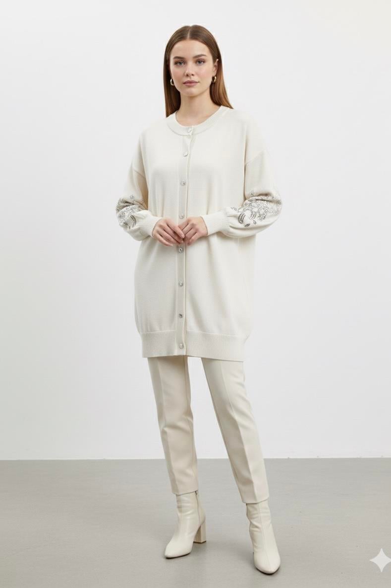 Sırt ve Kol İşlemeli Hırka 140497 - Vanilya