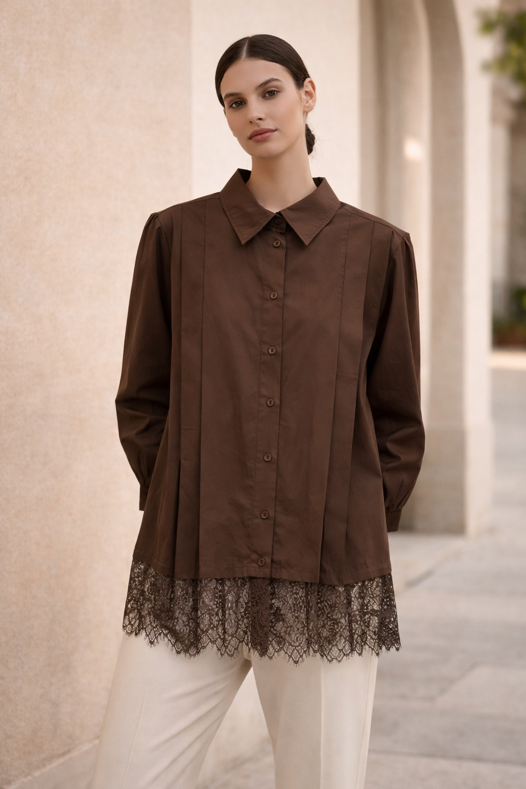 Pileli Dantel Detaylı Tunik 260122 - Kahve