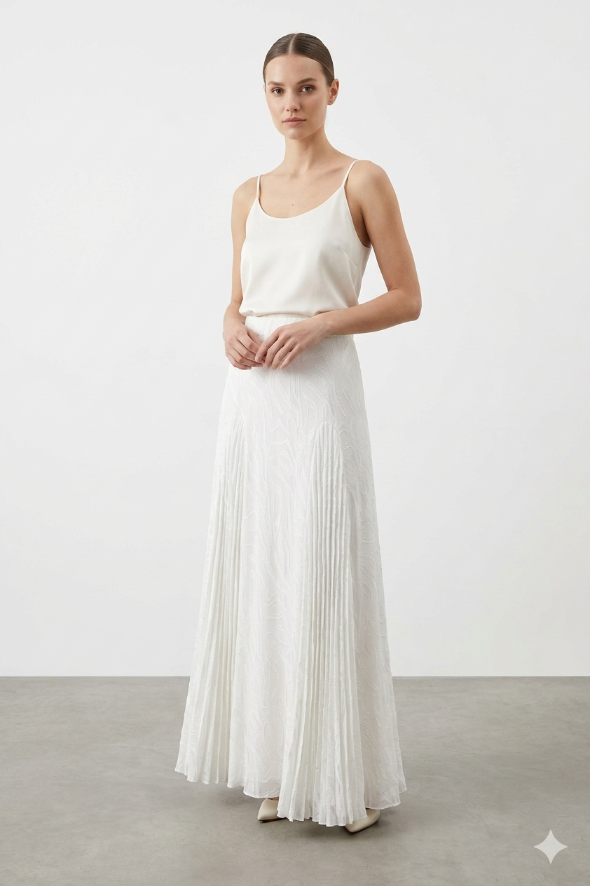 Fuat Gürşen 5421 Kendinden Desenli Etek - Ekru