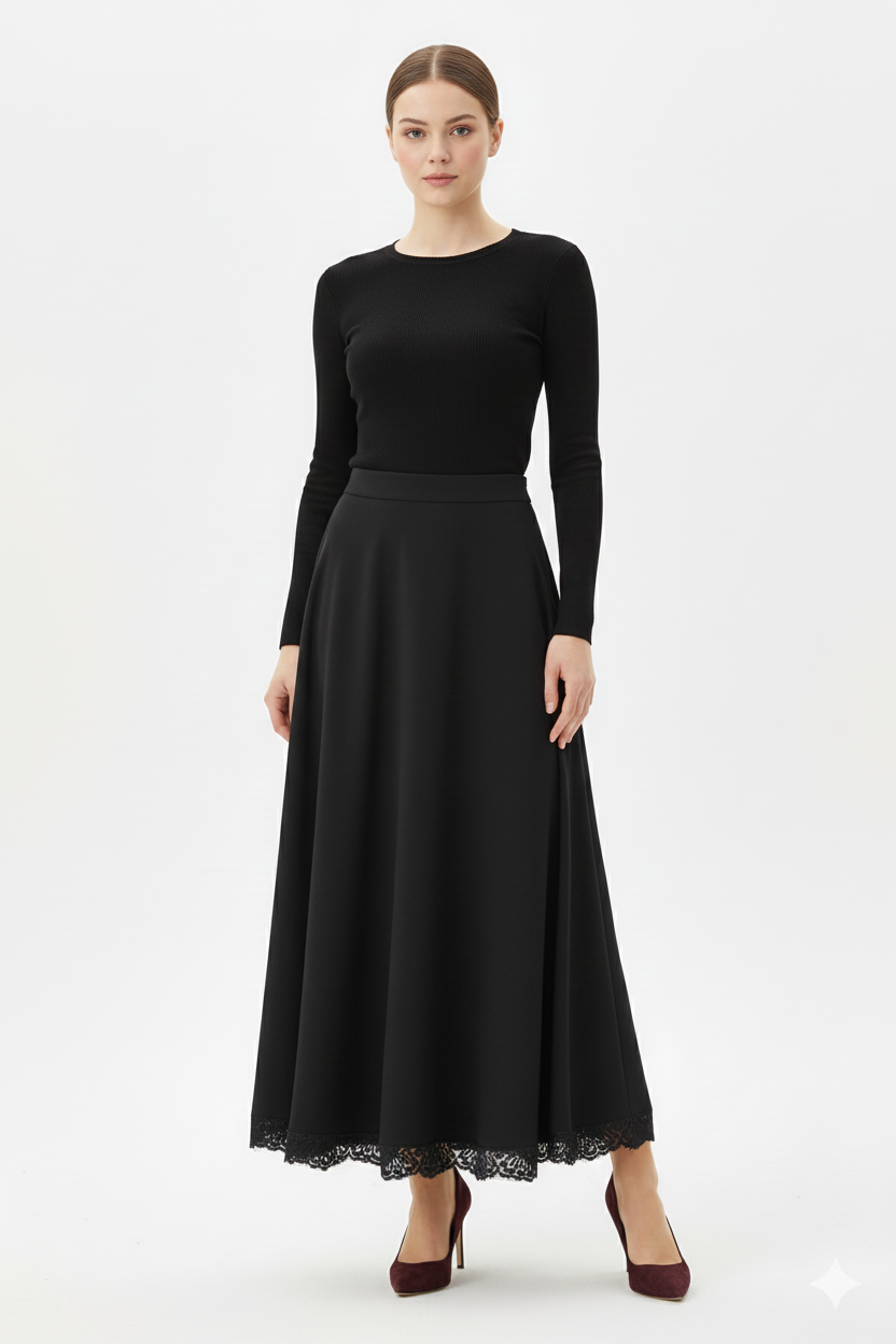 Dantel Detaylı Scuba Etek 18288 - Siyah