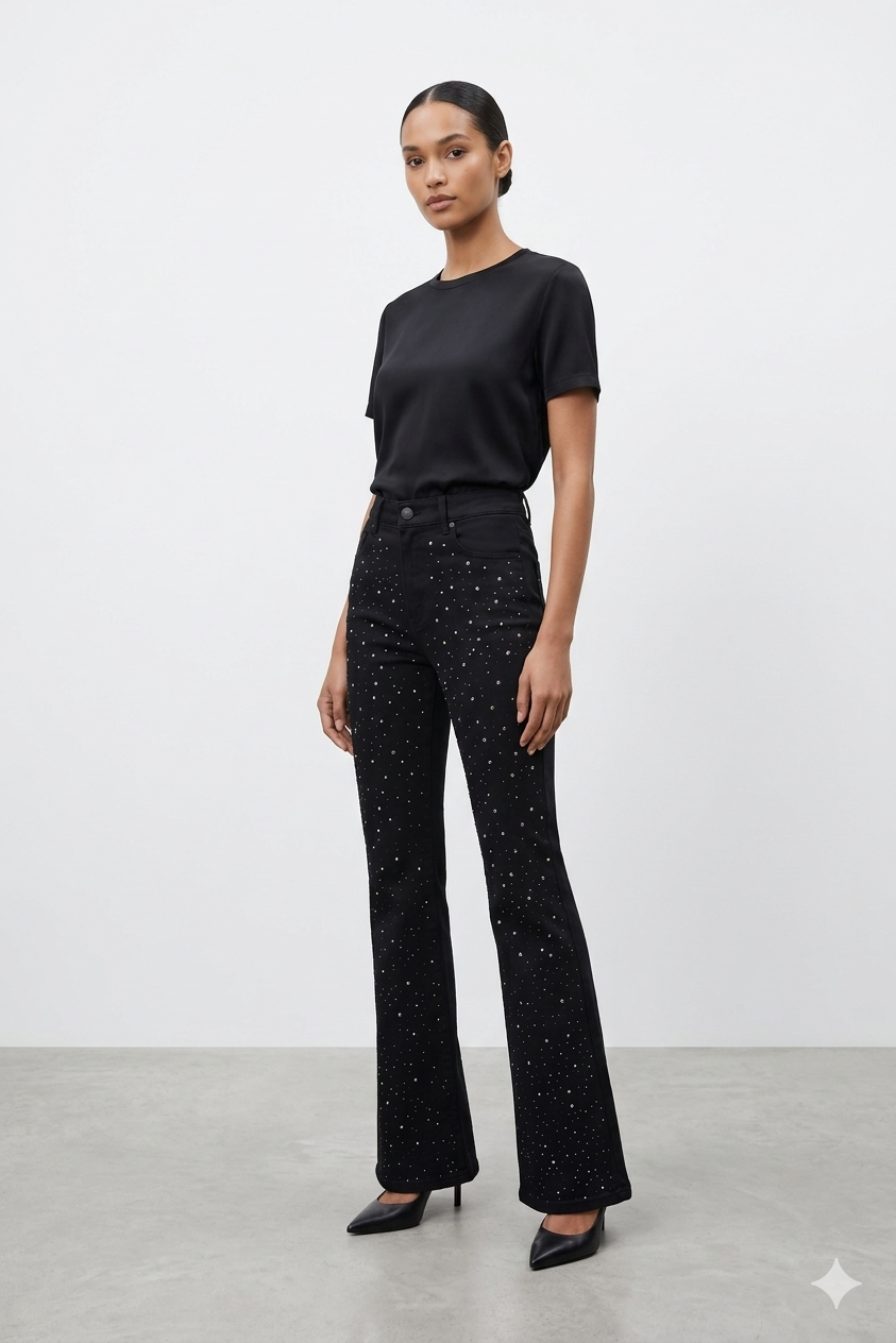 İspanyol Paça Damla Taş İşlemeli Pantolon 4000-DT - Siyah