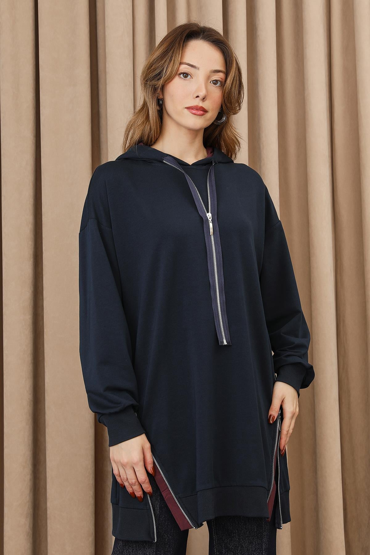 Fermuar Detaylı Kapüşonlu Tunik 10731 - F.Navy