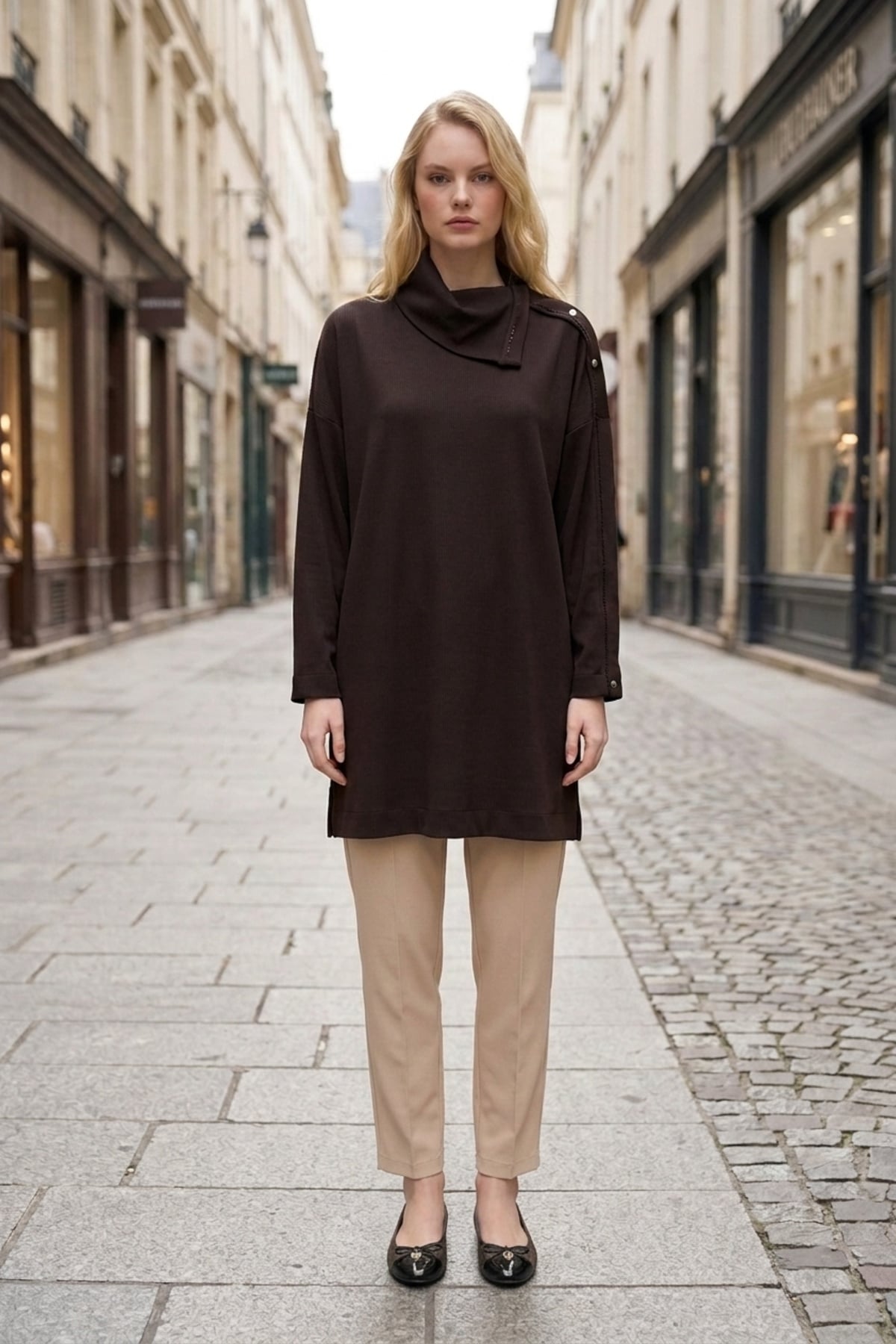 Avenna 26KA411 Yakası Triko Garnili Tunik Kahve Tunik ARMİNE TREND 