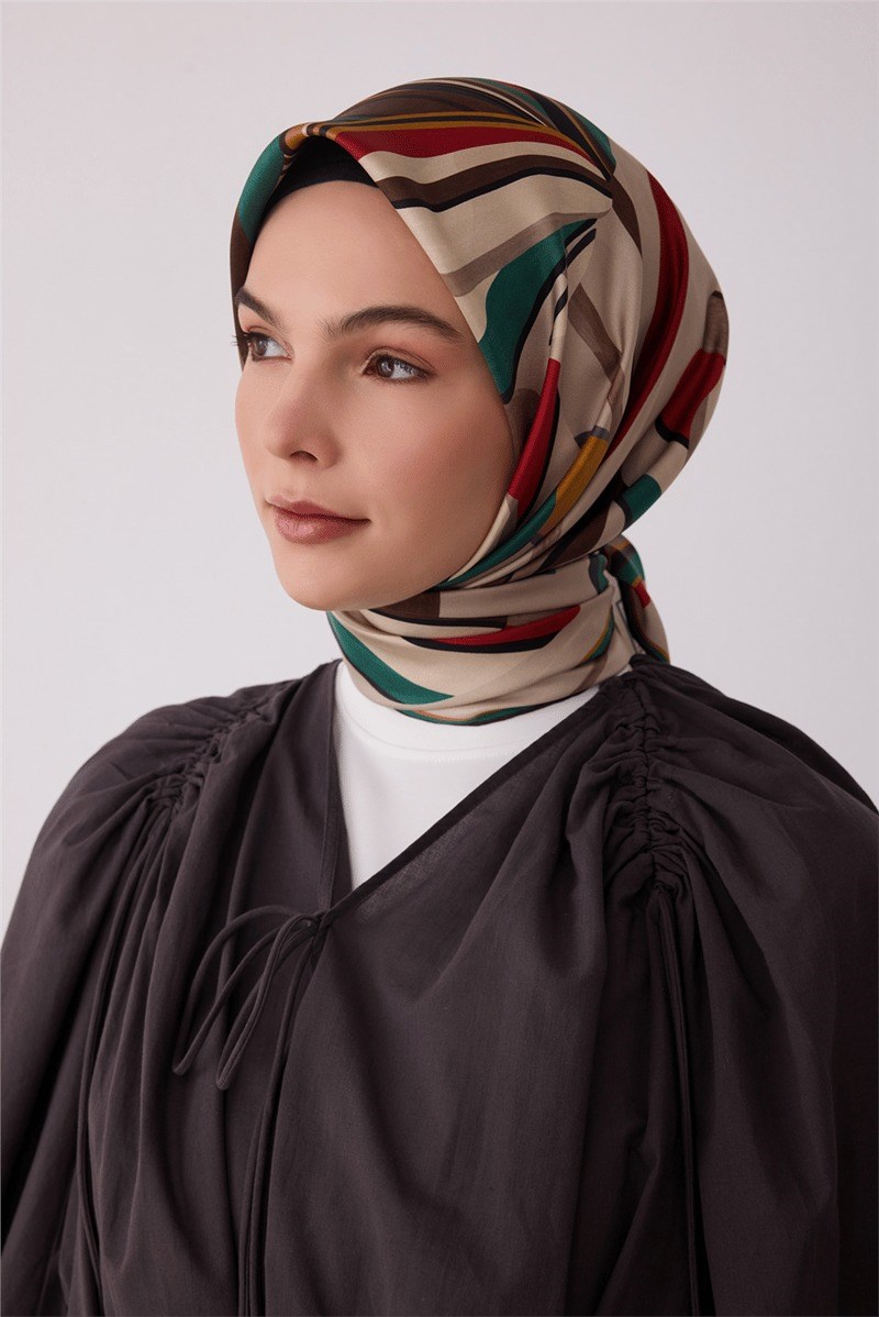 Belli 4410 Botanik Bahçe Çiçekli %100 Twill İpek Eşarp - Bej Eşarp BELLI 