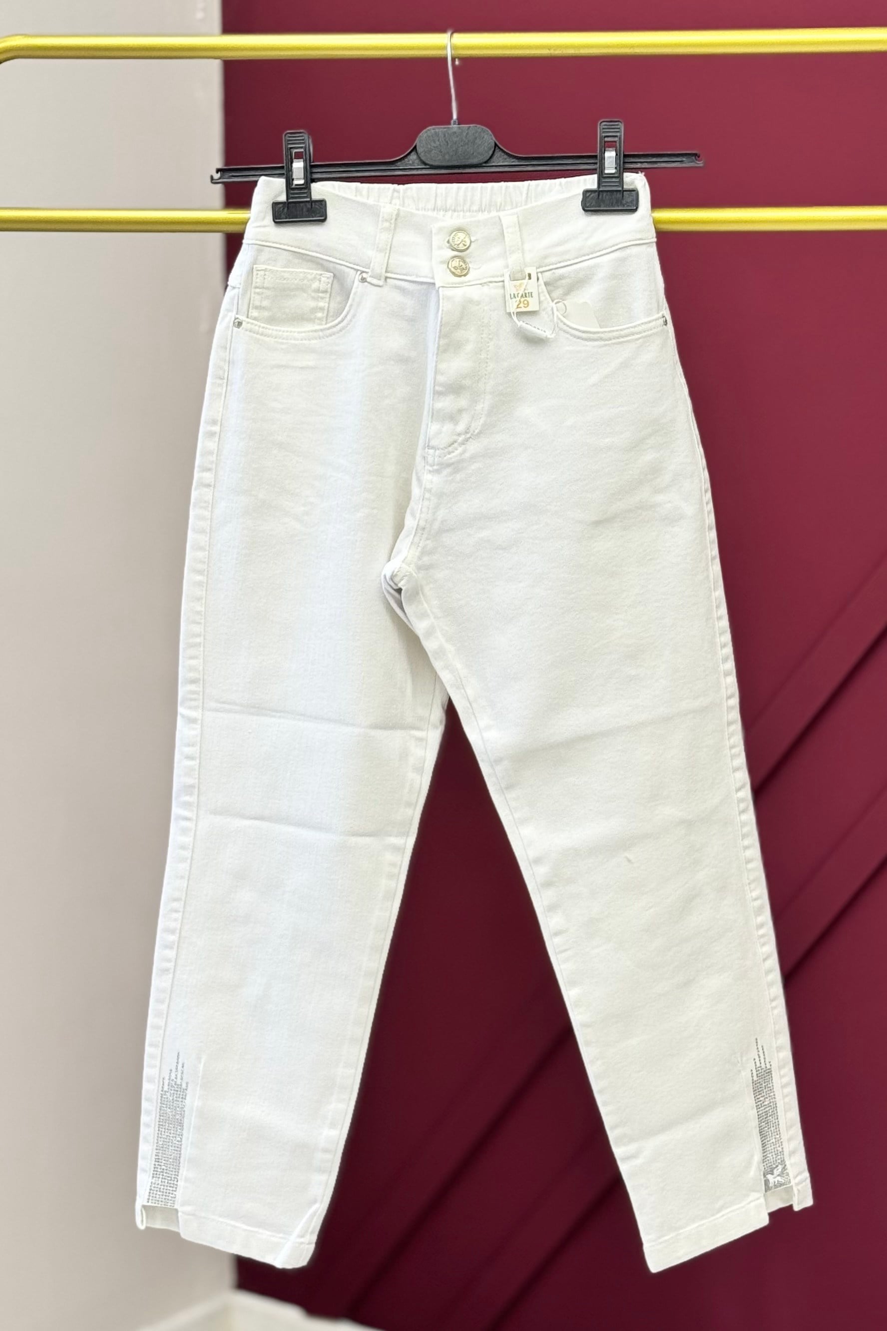 Paça Taş İşlemeli Mom Pantolon 6001 - Beyaz