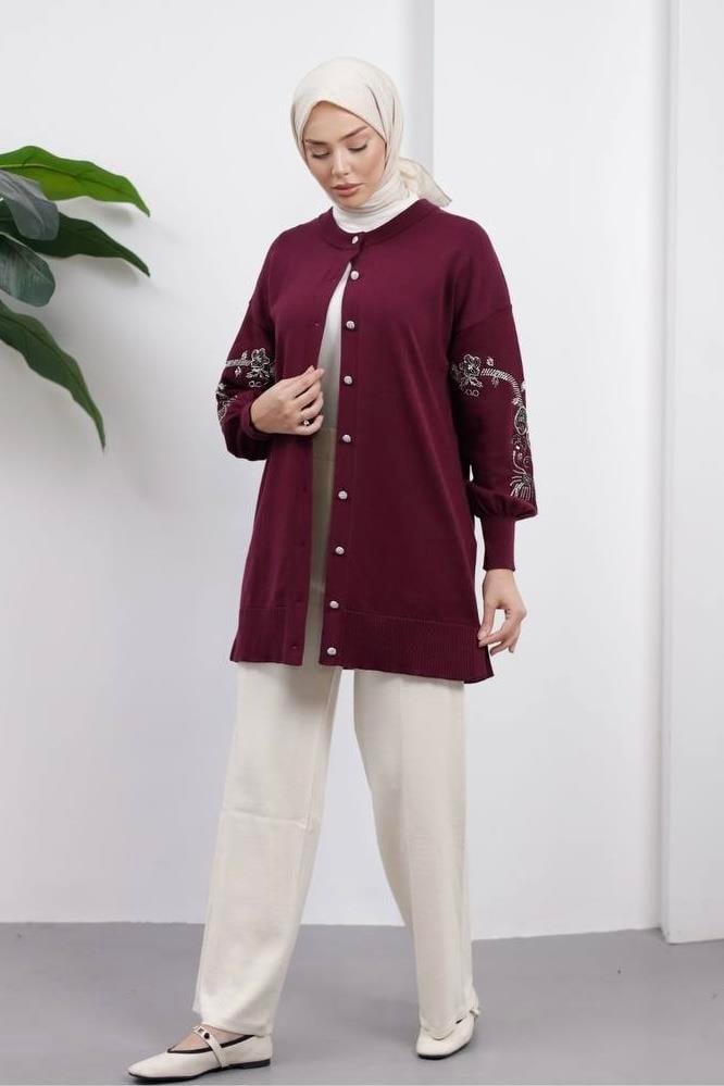 Sırt ve Kol İşlemeli Hırka 140497 - Bordo
