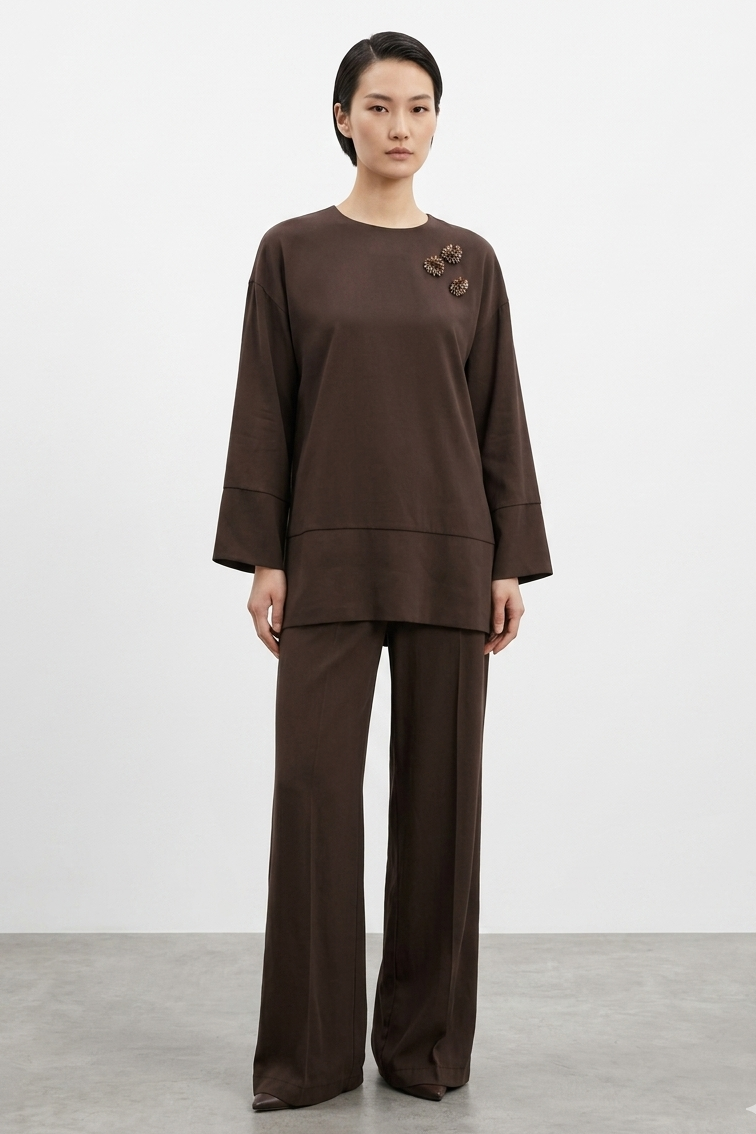 Yaka Broş Detay Pantolonlu Takım 14493 - Browni
