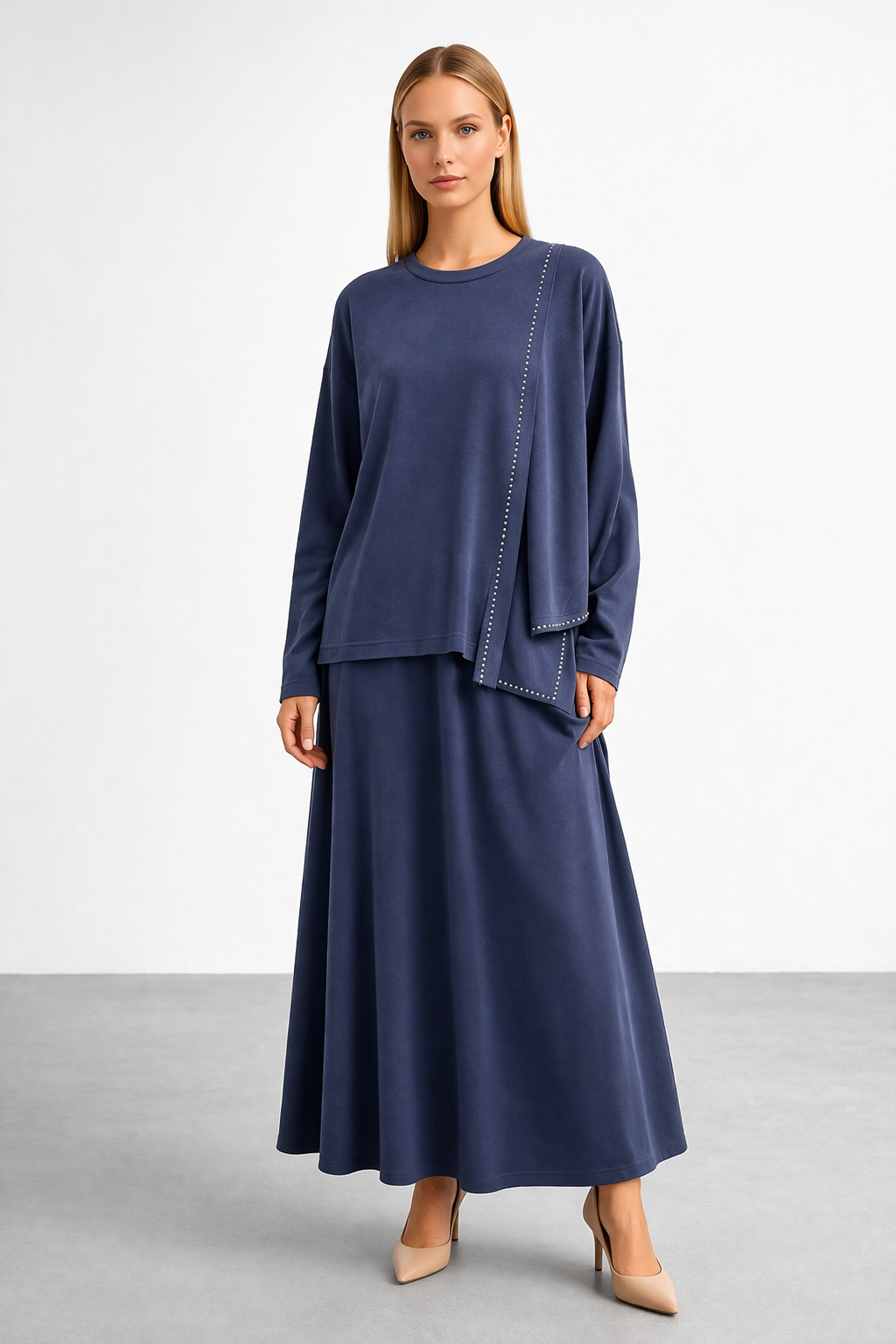 Ceremony 26Y975 Tuniği Boncuk İşlemeli Kloş Etekli Takım - Lacivert
