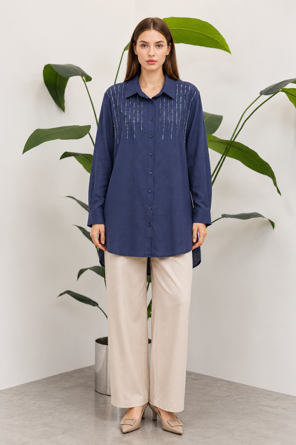 Omuzu Boncuk Detaylı Tunik 10794 - F.Navy