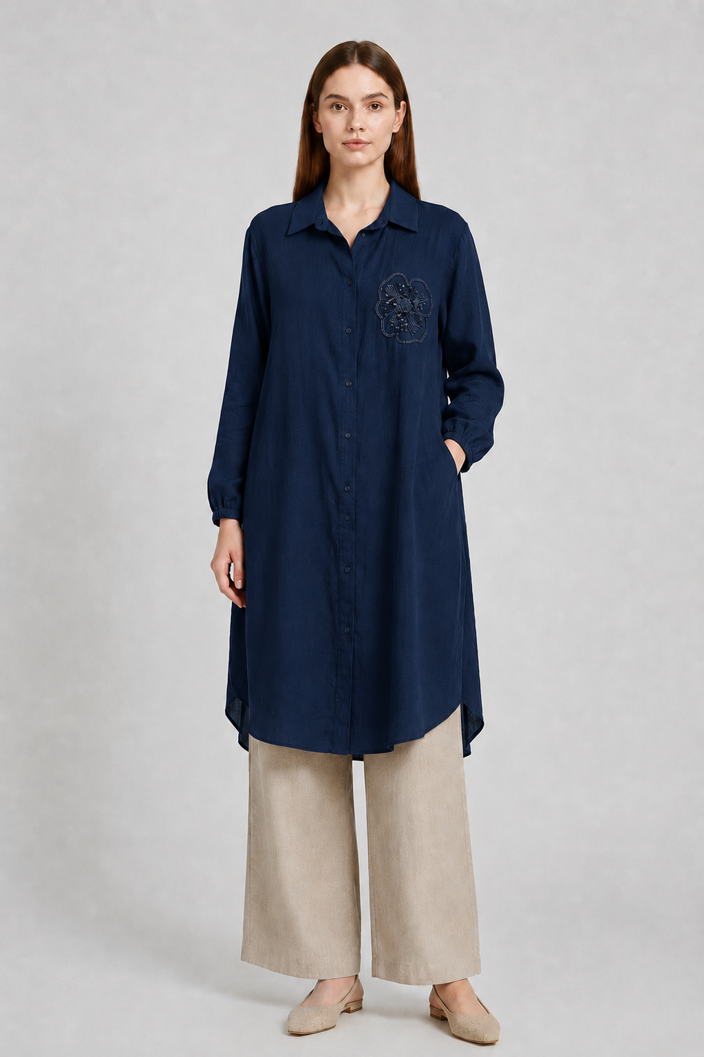Boncuk ve Payet İşlemeli Uzun Boy Tunik 10797 - F.Navy