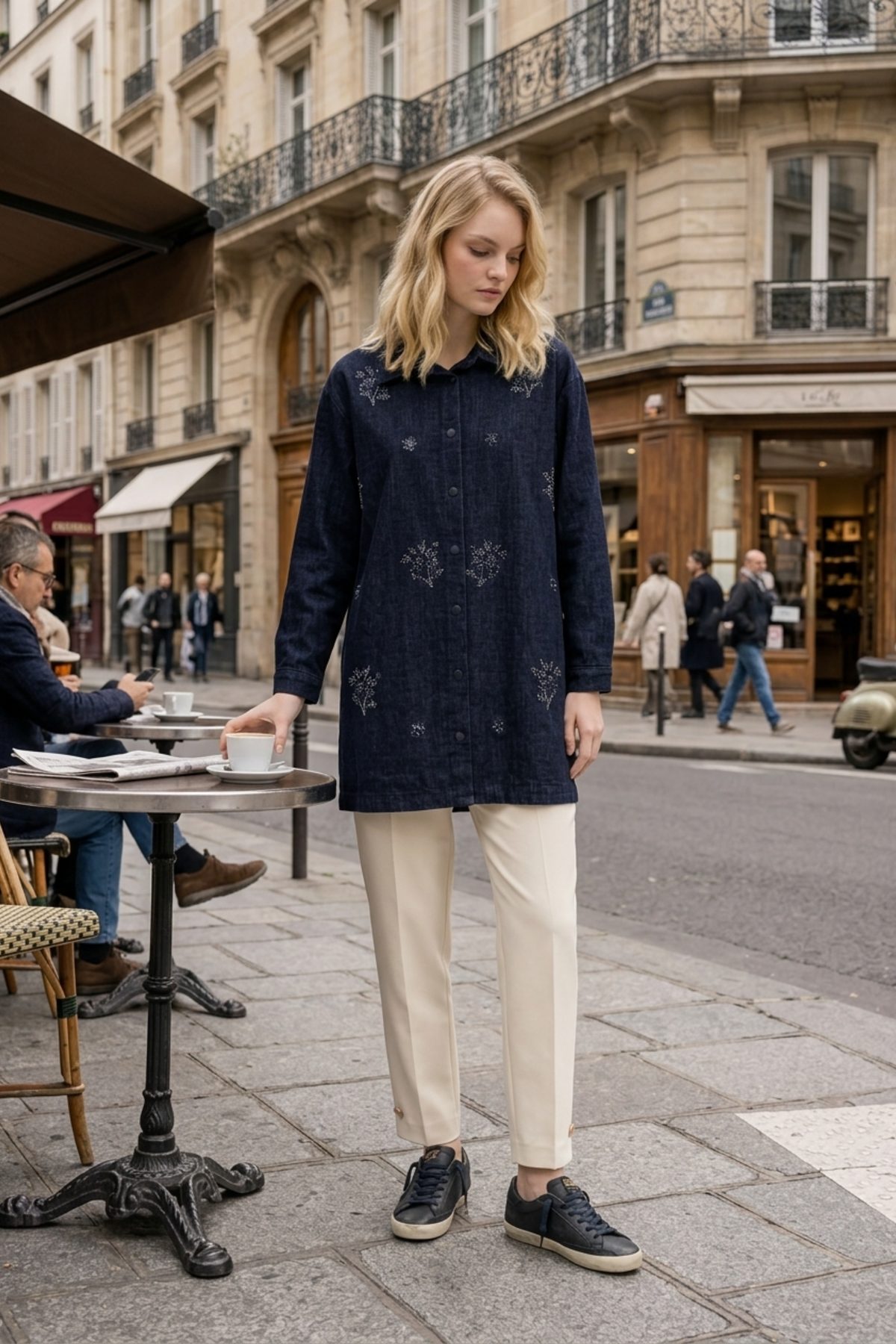 Ön Çiçekleri Boncuk Detay Düğmeli Tunik 10833 F.Navy Tunik PUANE 
