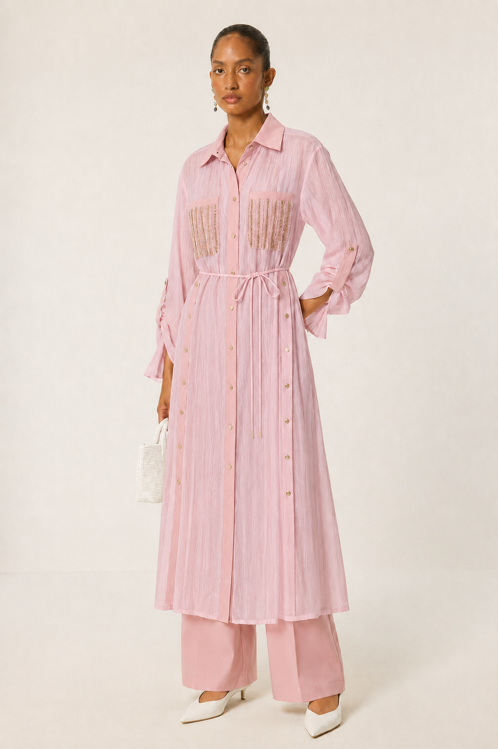 Uzun Tunik Detay Üçlü Pantolonlu Takım 1557 - Pembe