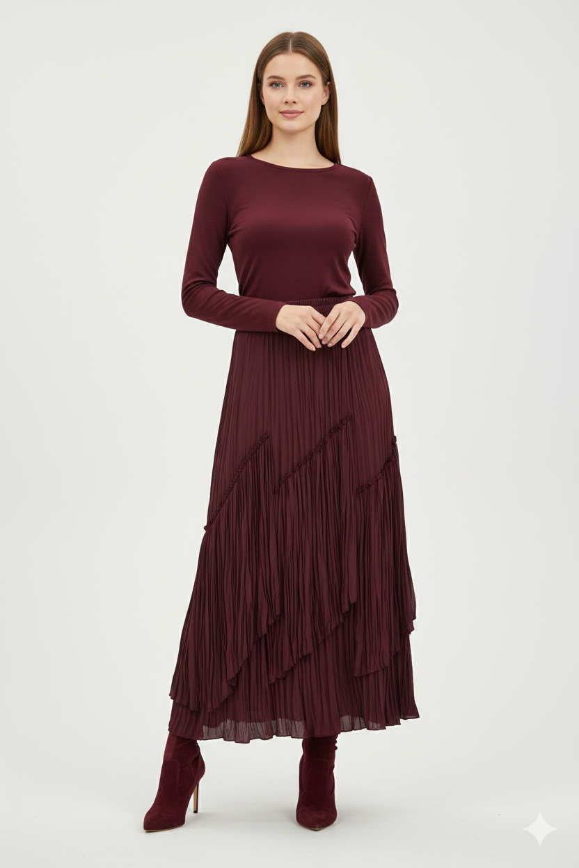 Sentez 5475 Viola Parçalı Kırıştırma Etek - Bordo