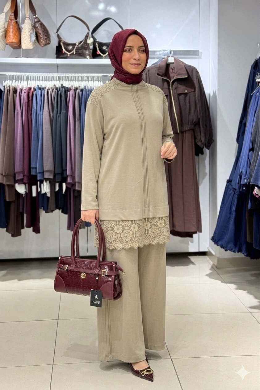 Armine Trend AYTK1337 Dantel Mixli Örme Takım - Bej