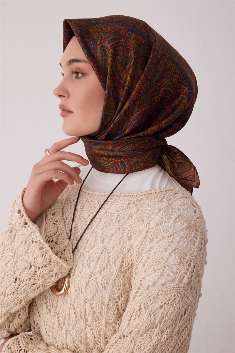 Belli 4404 Anadolu Kilim Etnik %100 Twill İpek Eşarp - Petrol Eşarp BELLI 
