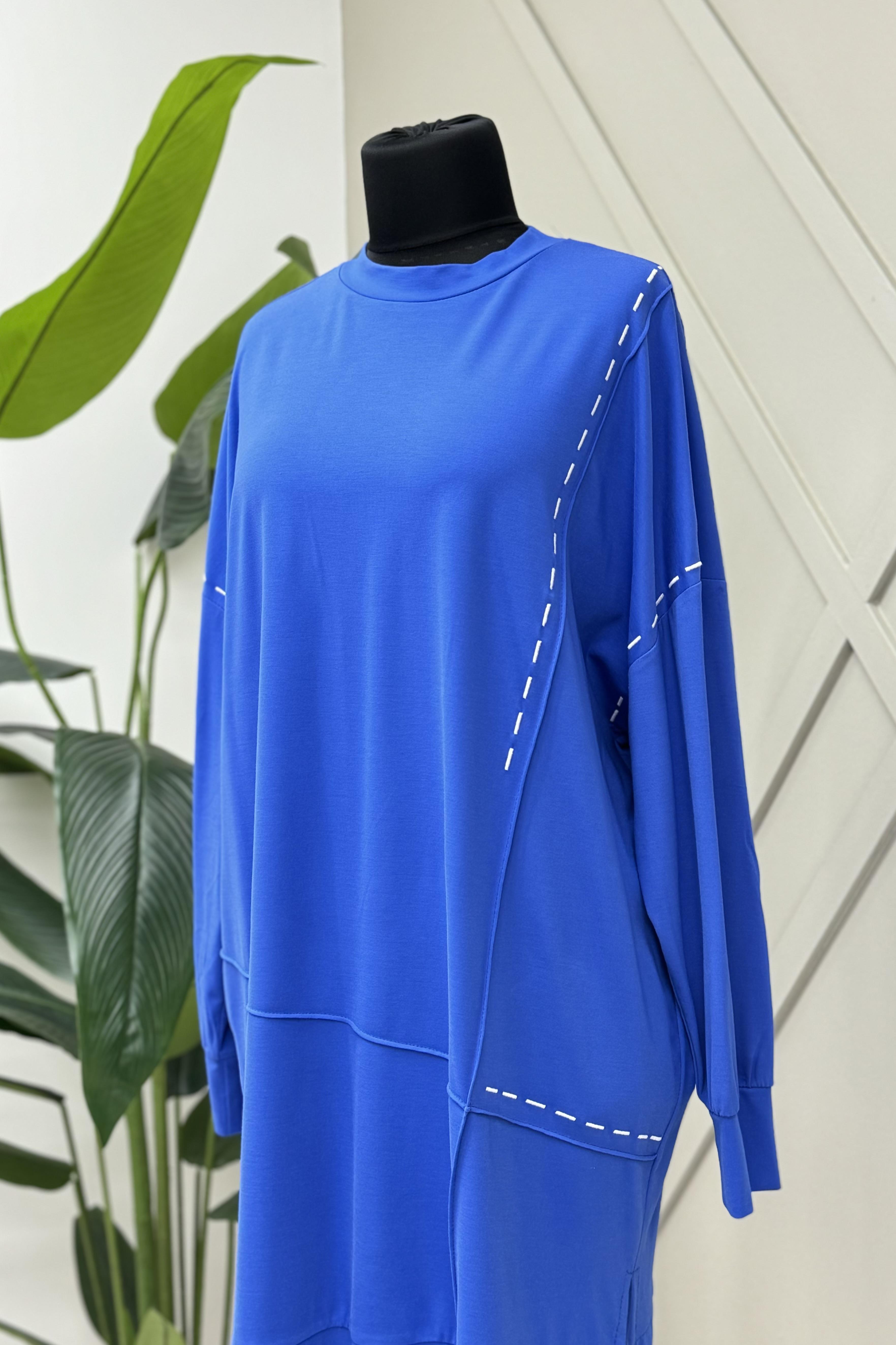 PUANE Dikiş Detaylı Uzun Boy Bambu Tunik 10468 - Saks  Tunik 