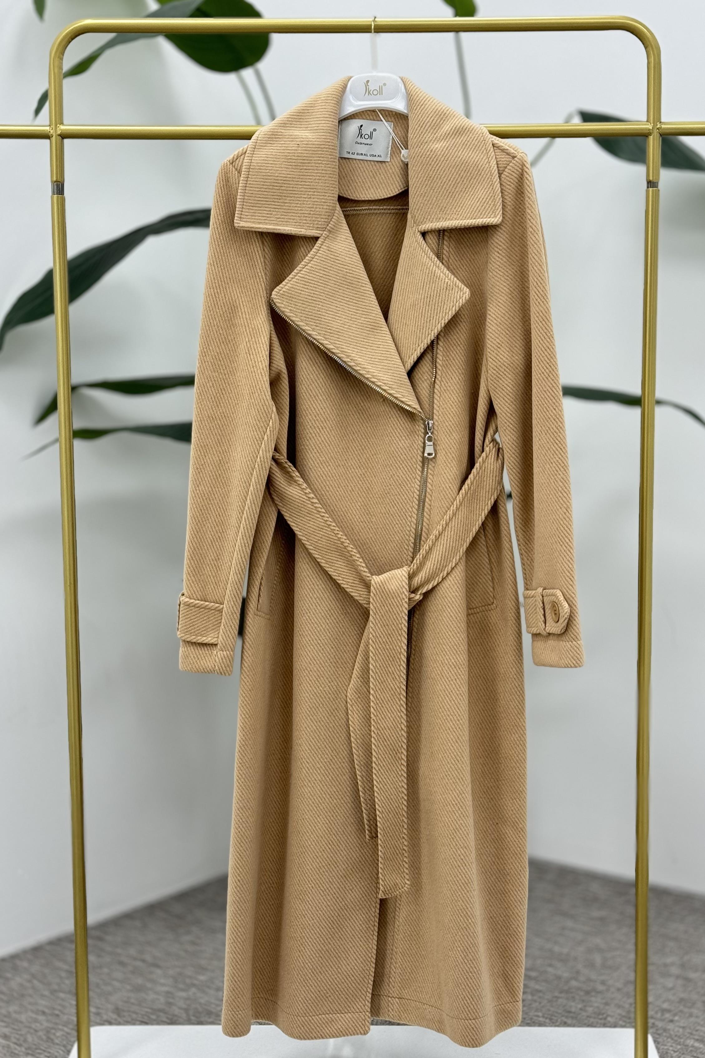 İKOLL Diyagonel Uzun Trenchcoat 33044 - Camel  Kap 