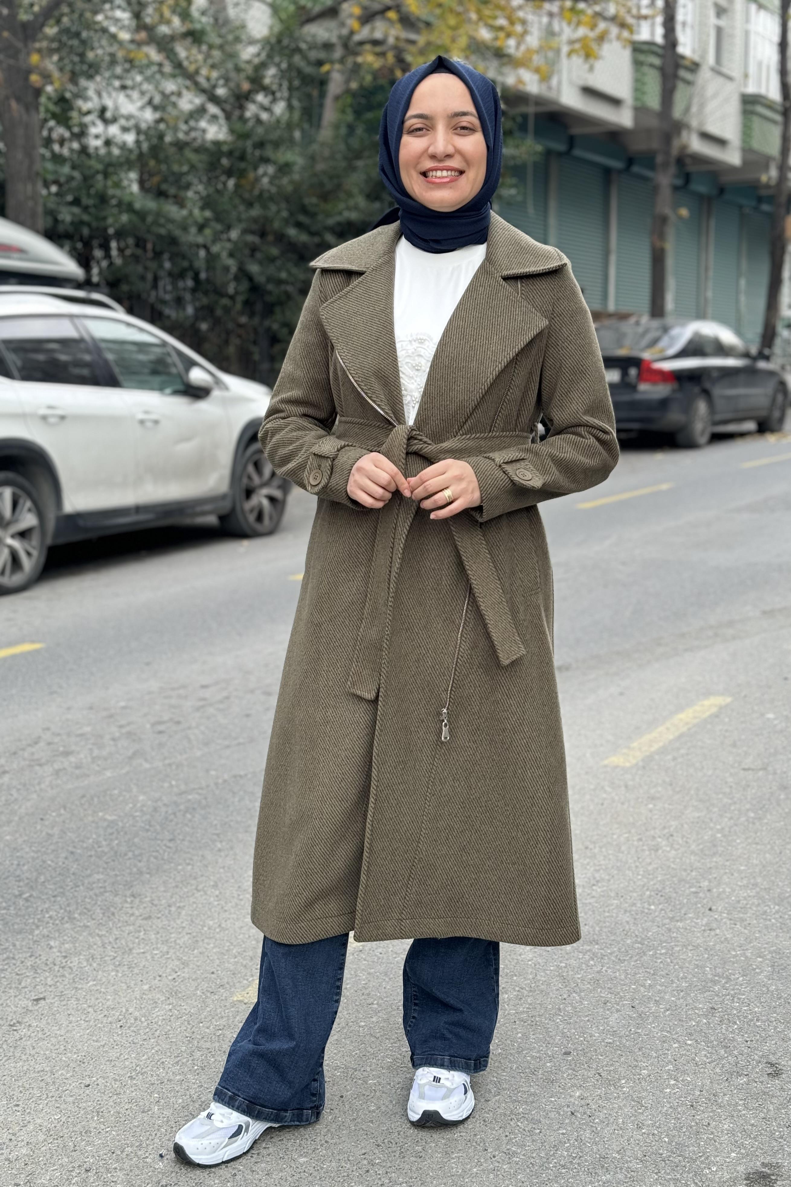 İKOLL Diyagonel Uzun Trenchcoat 33044 - Haki  Kap 