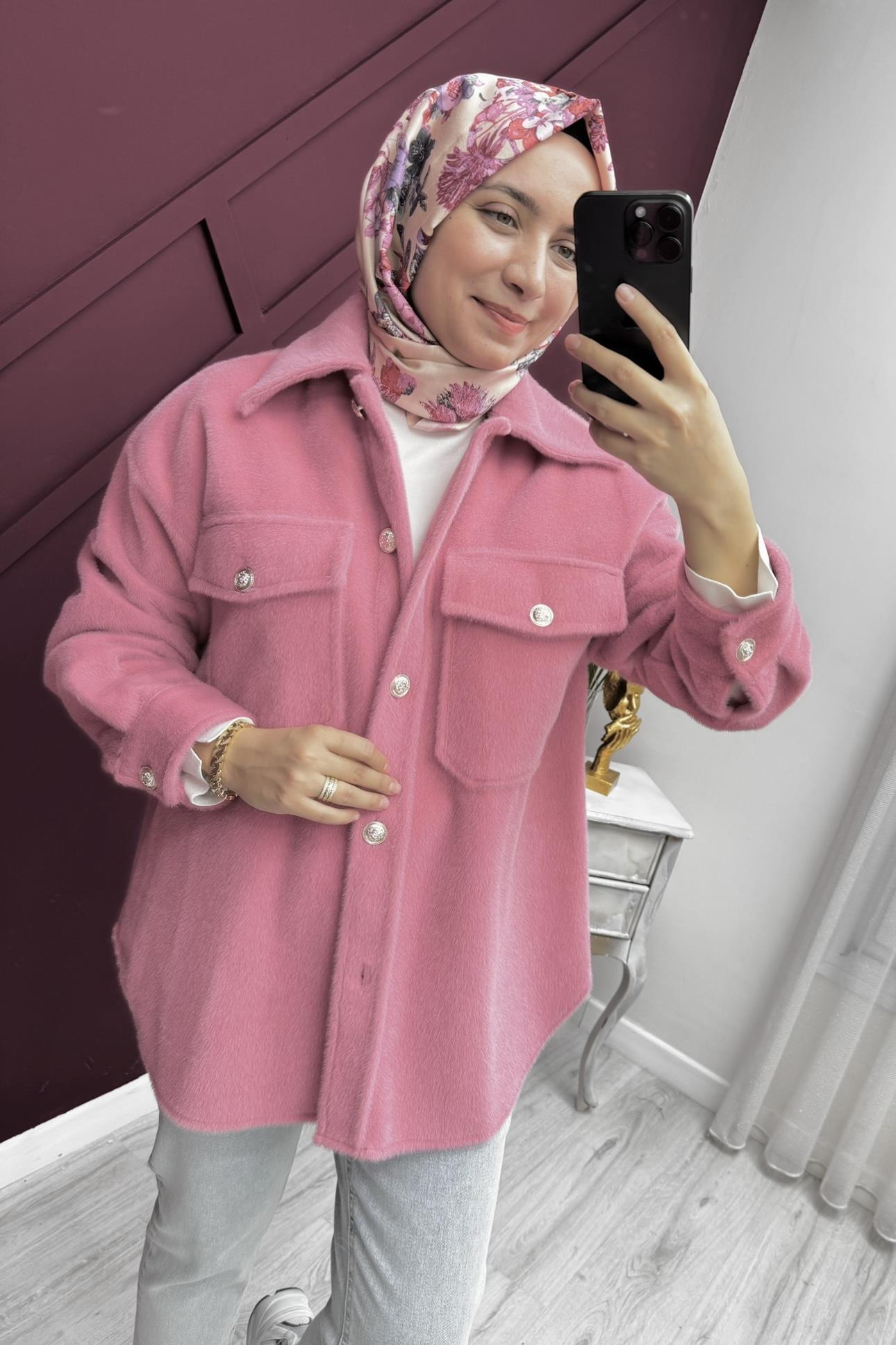 İKOLL Düğme Detaylı Peluş Shacket 0031137 - Açık Pembe  Ceket 