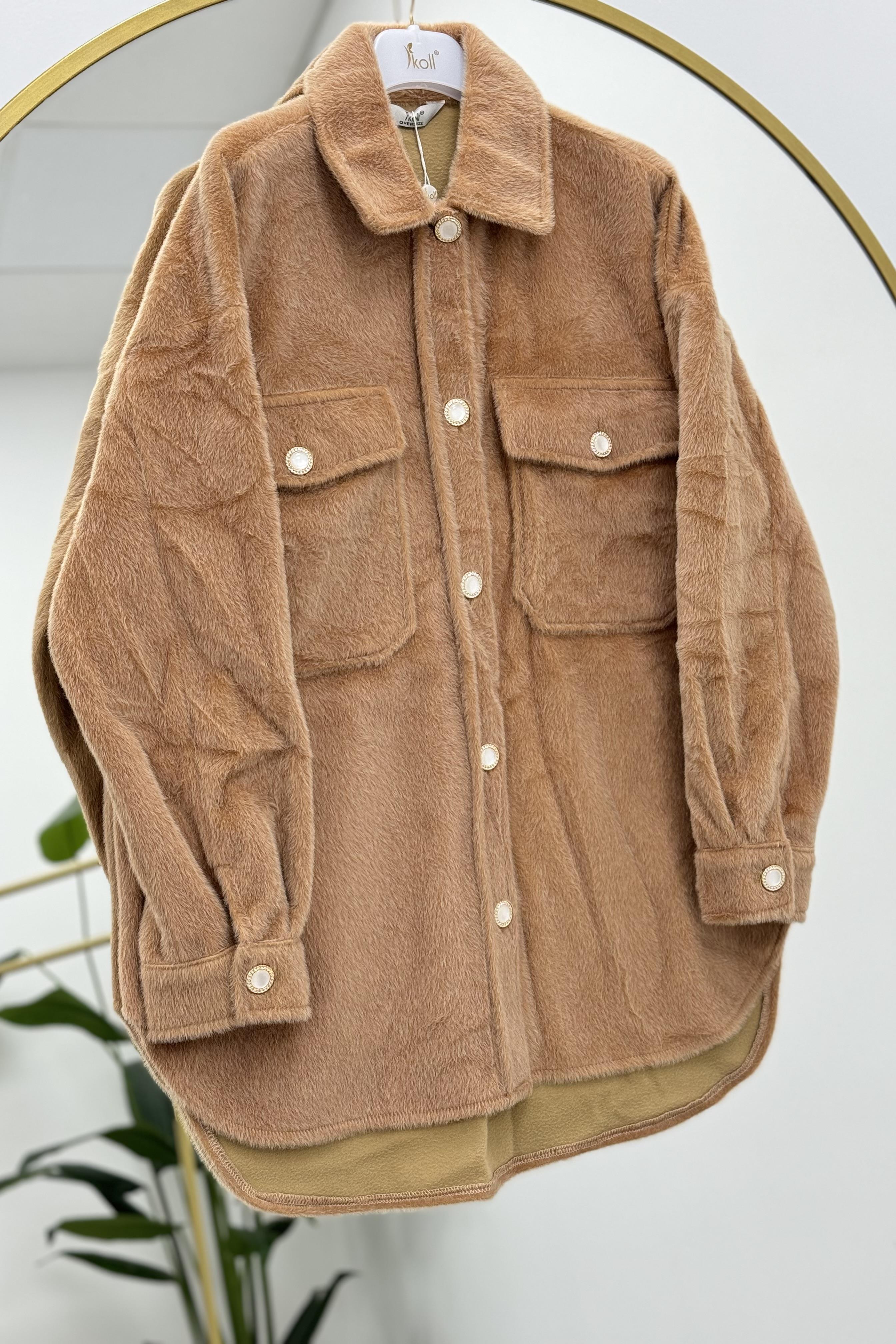 İKOLL Düğme Detaylı Peluş Shacket 0031137 - Camel  Ceket 
