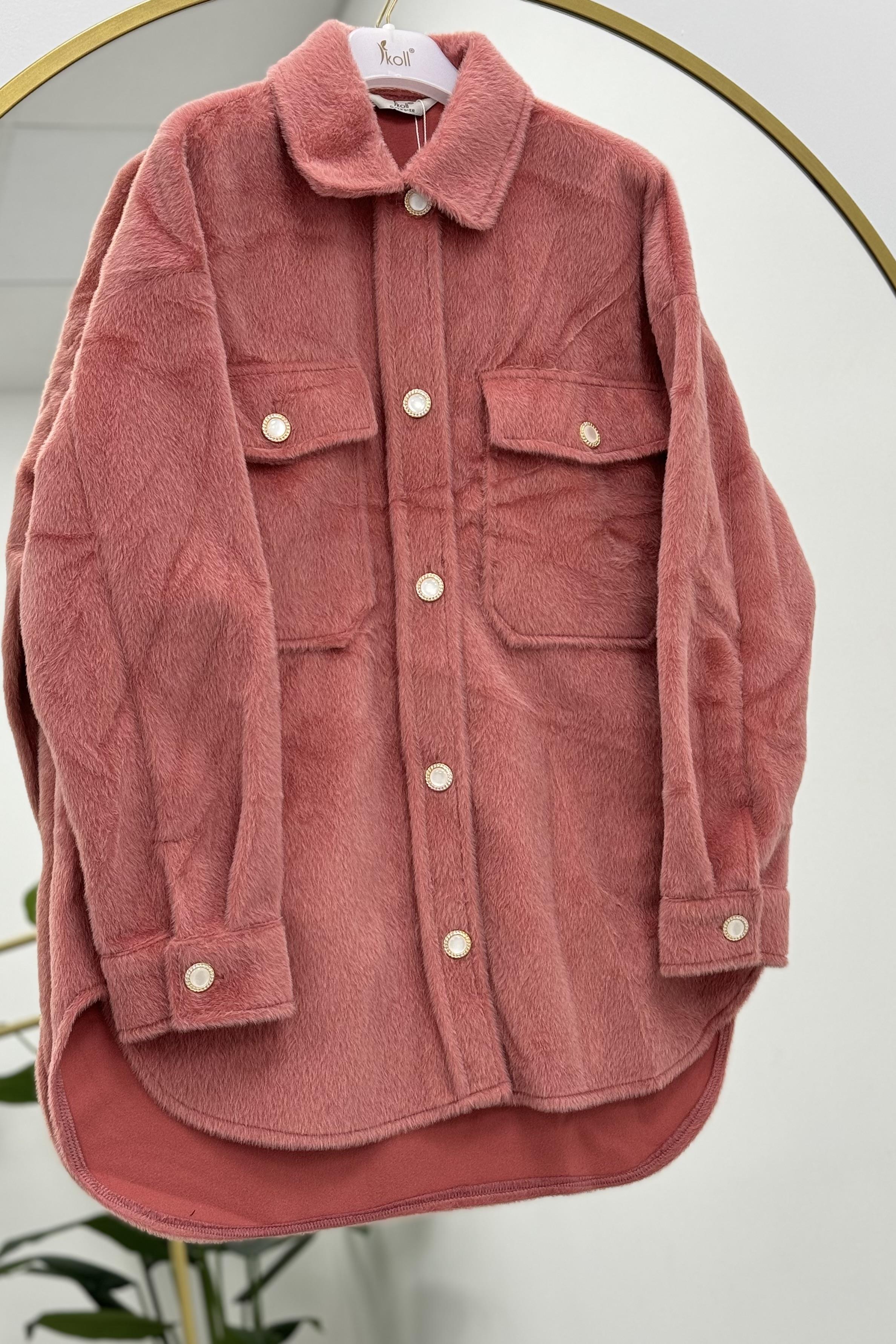 İKOLL Düğme Detaylı Peluş Shacket 0031137 - Koyu Pudra  Ceket 