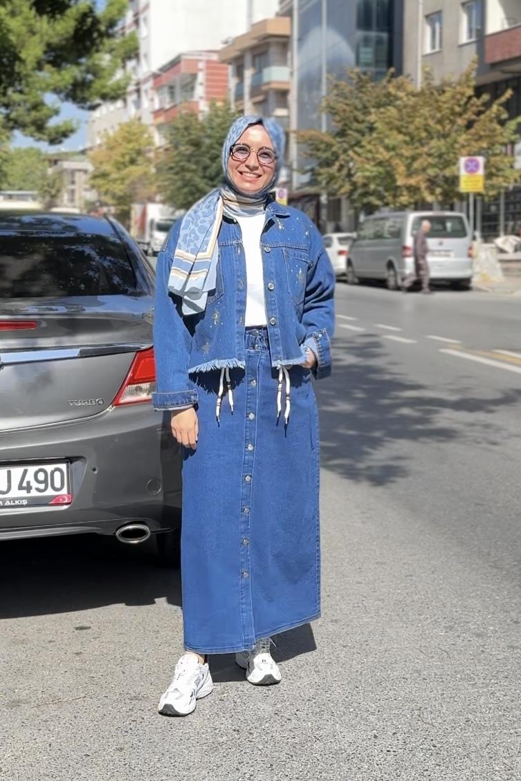 NEFİSE Düğmeli Kemerli Kot Etek 2402024 - Mavi  Etek 