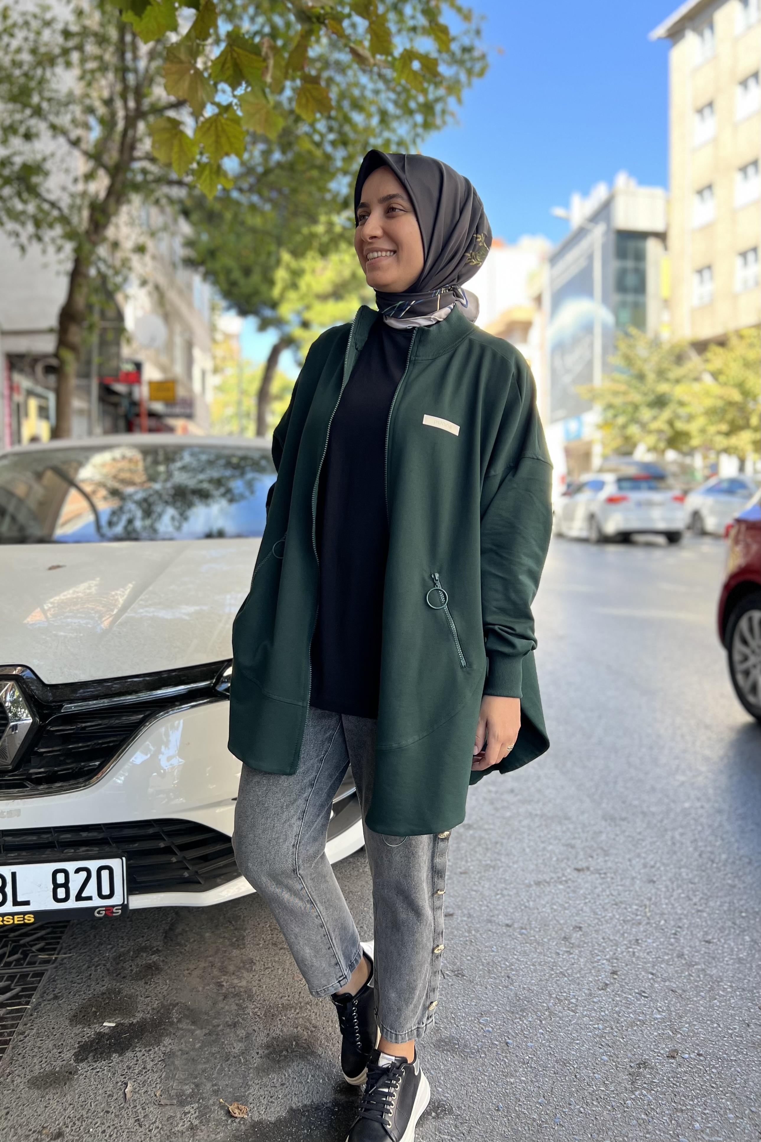 PUANE Düşük Kol Oversize Fermuarlı Kap 15144 - Koyu Yeşil  Kap