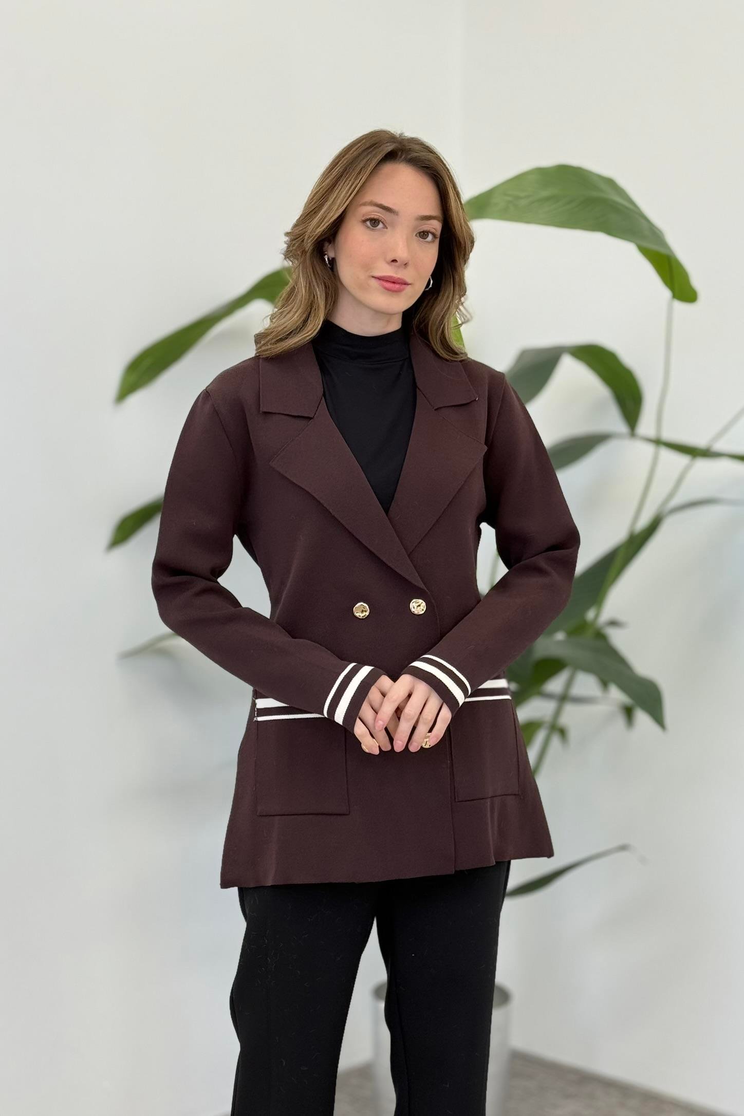 Kruvaze Blazer Hırka 140402 - Kahve - Vanilya