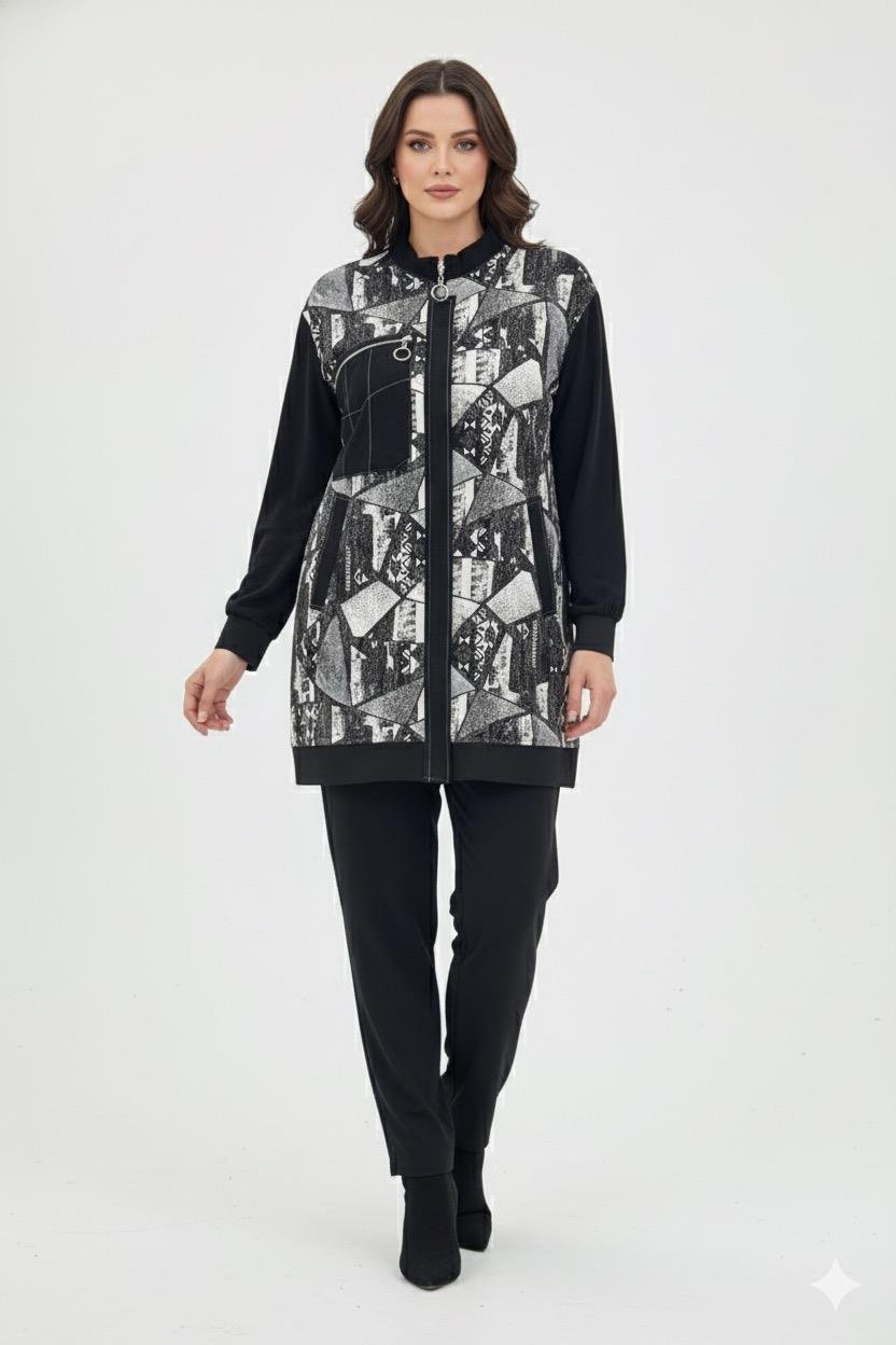 Geometrik Desen Detay Pantolonlu Takım 1407 - Siyah