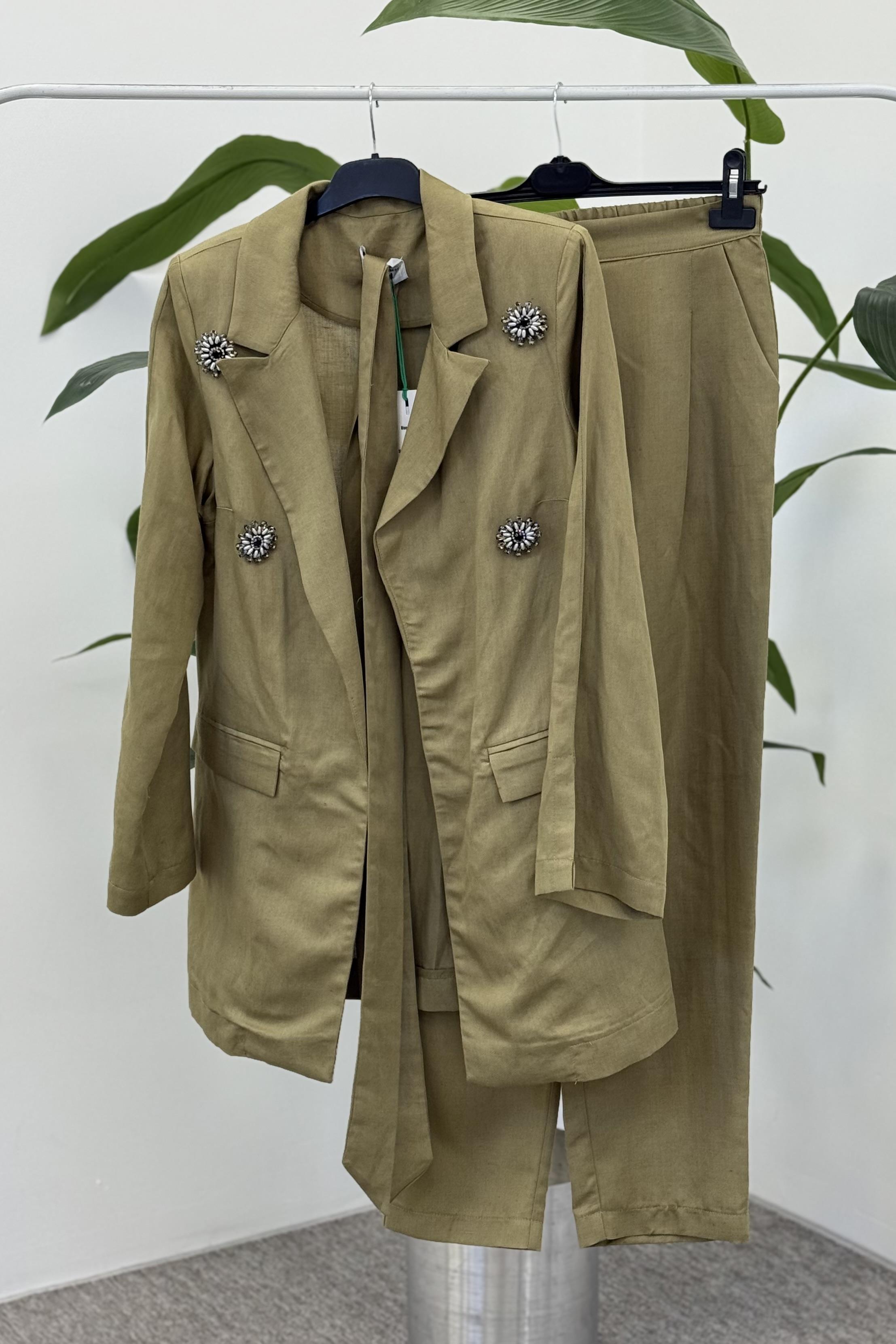 Missemramiss 4813 Linen Keten Ceketli Takım - Haki