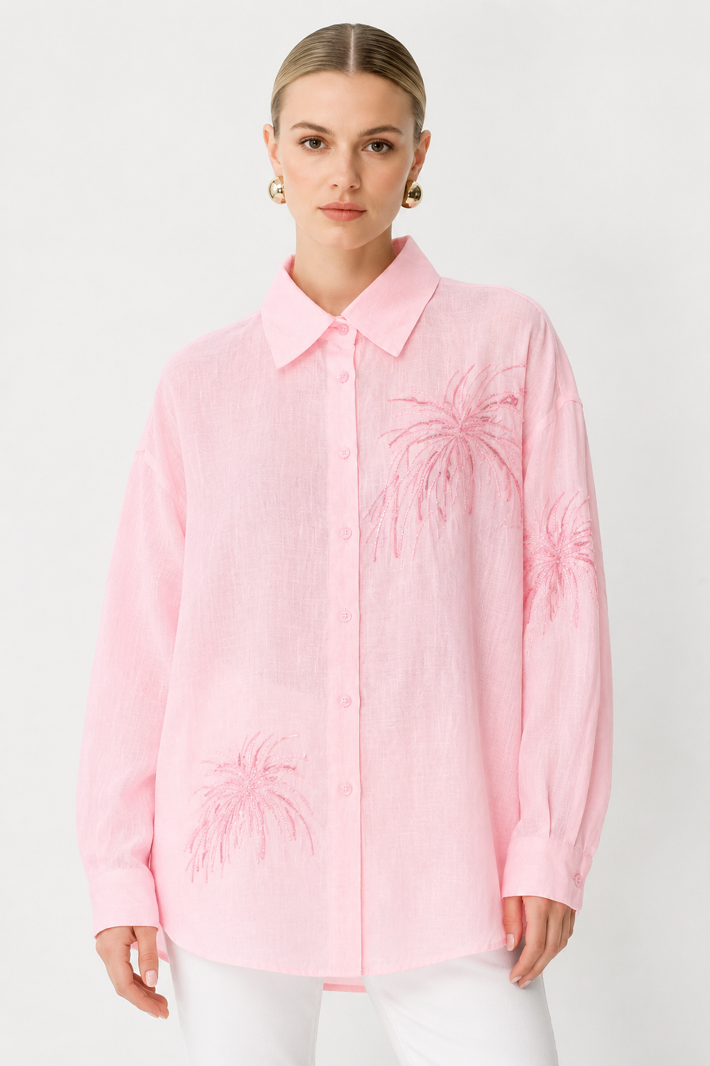 Fuat Gürşen 5386 Nakış Palmiye İşlemeli Keten Tunik - Pembe
