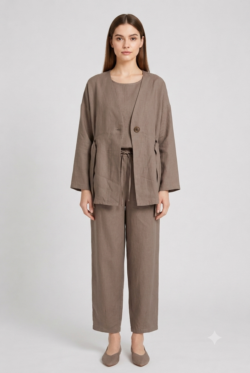 Düğmeli Kimono Detaylı Pantolonlu Takım 32538 - Vizon