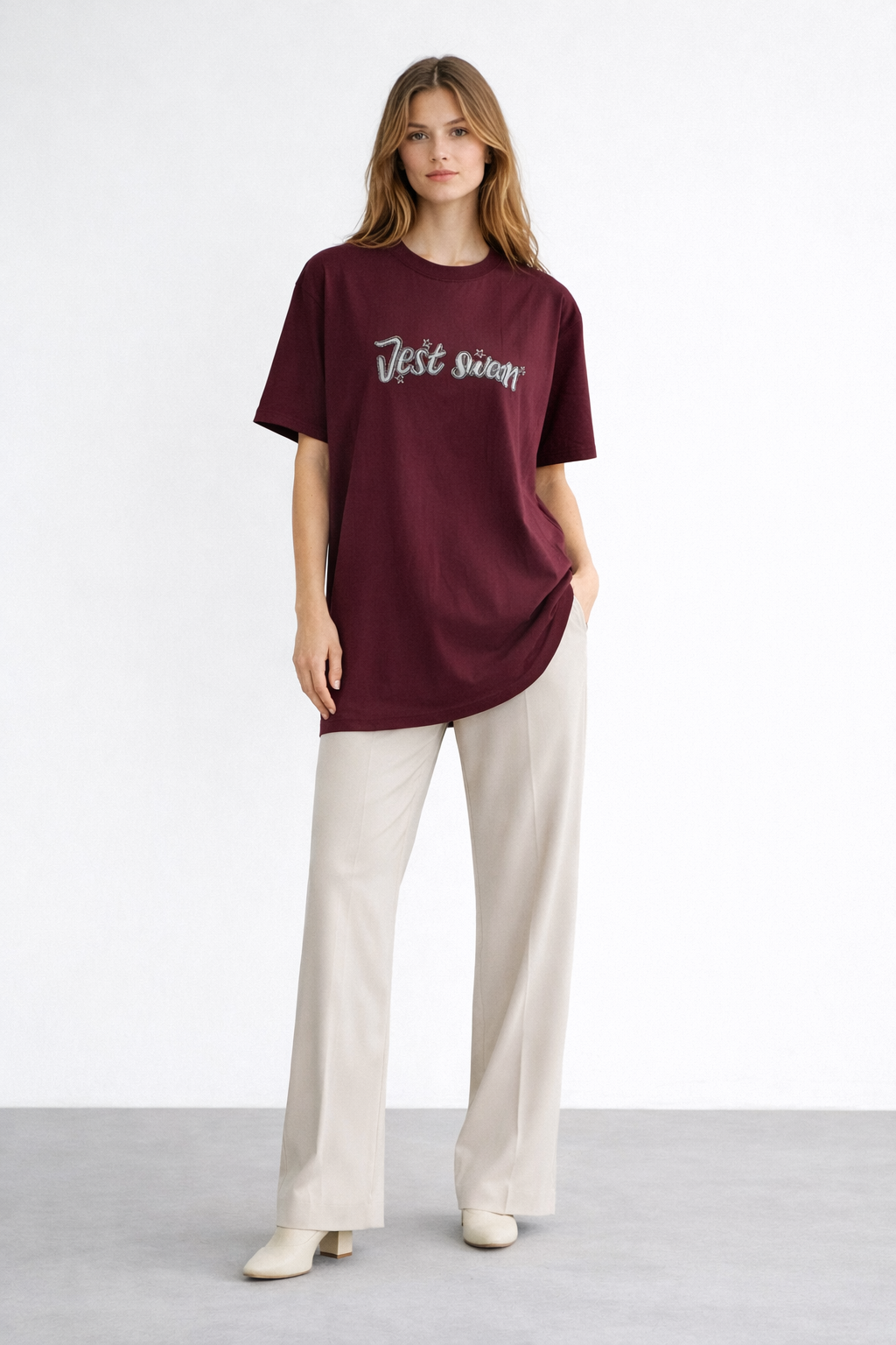 Boncuk Nakışlı T-Shırt 0035301 - Bordo