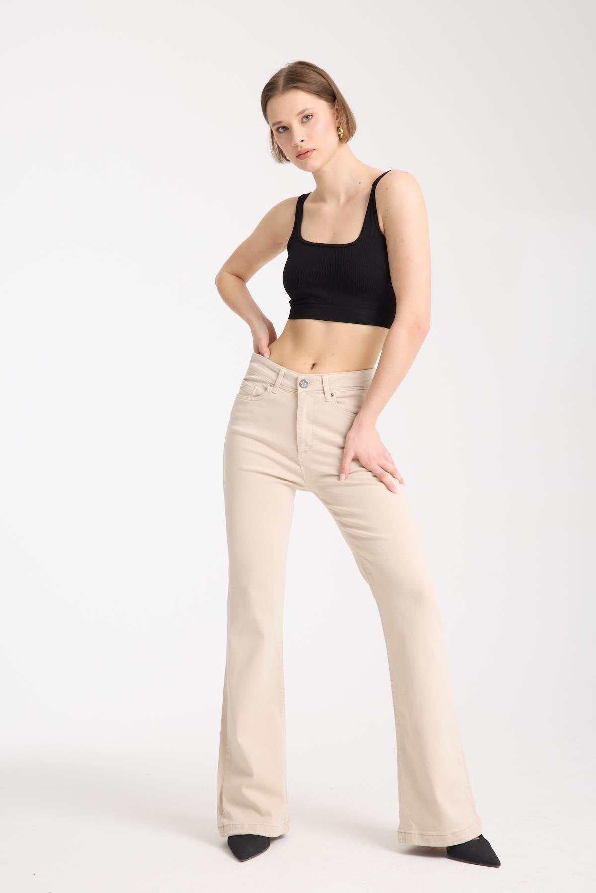 İspanyol Paça Kot Pantolon 4000-D - Bej