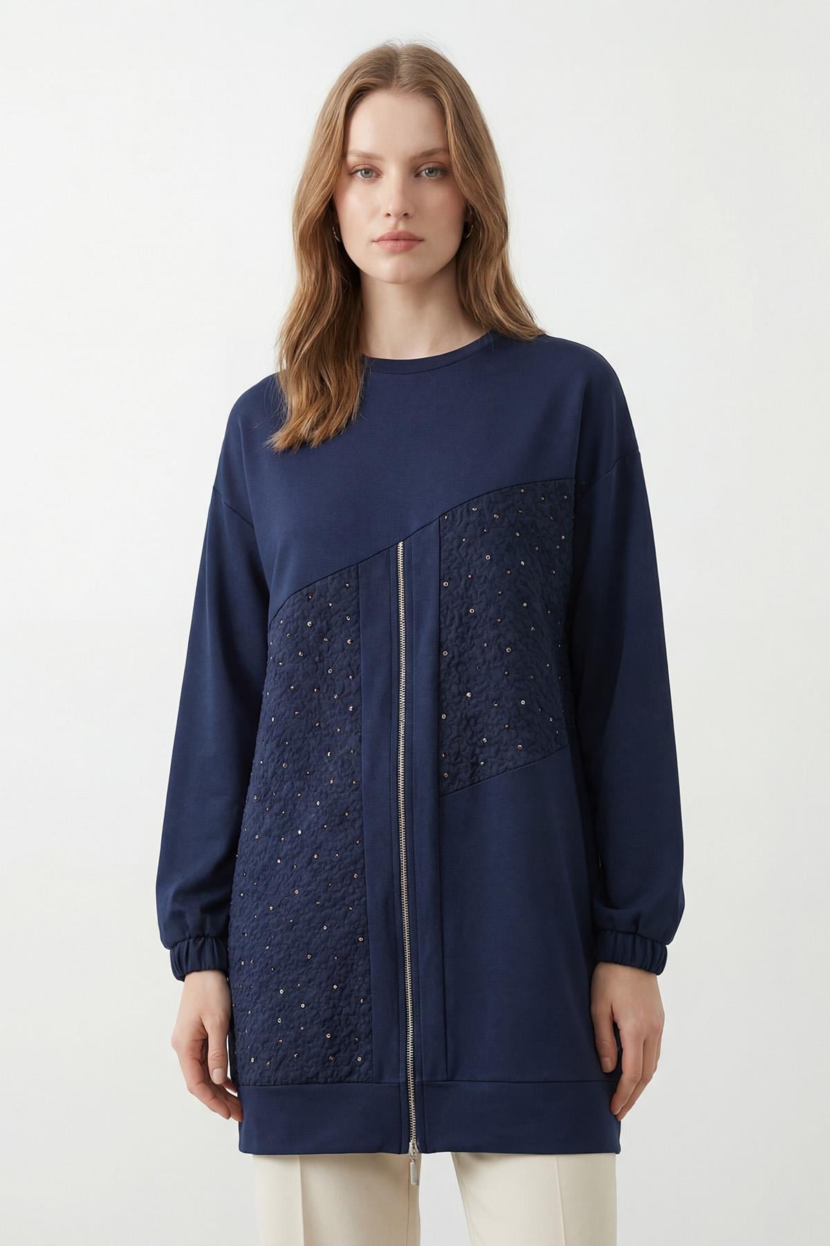 Fermuar Detaylı Taşlı Tunik 10769 - F.Navy