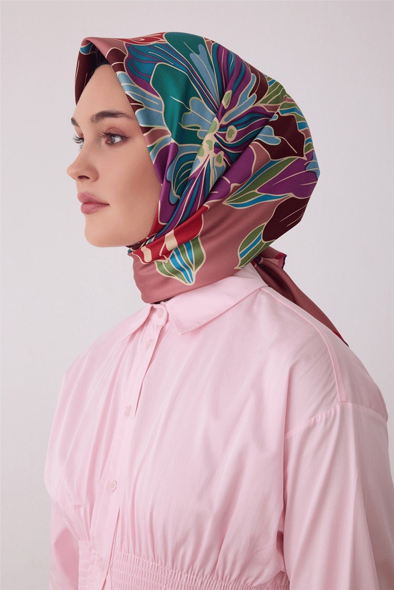 Belli 4413 Manolya Bahçesi Çiçekli %100 Twill İpek Eşarp - Pembe Eşarp BELLI 