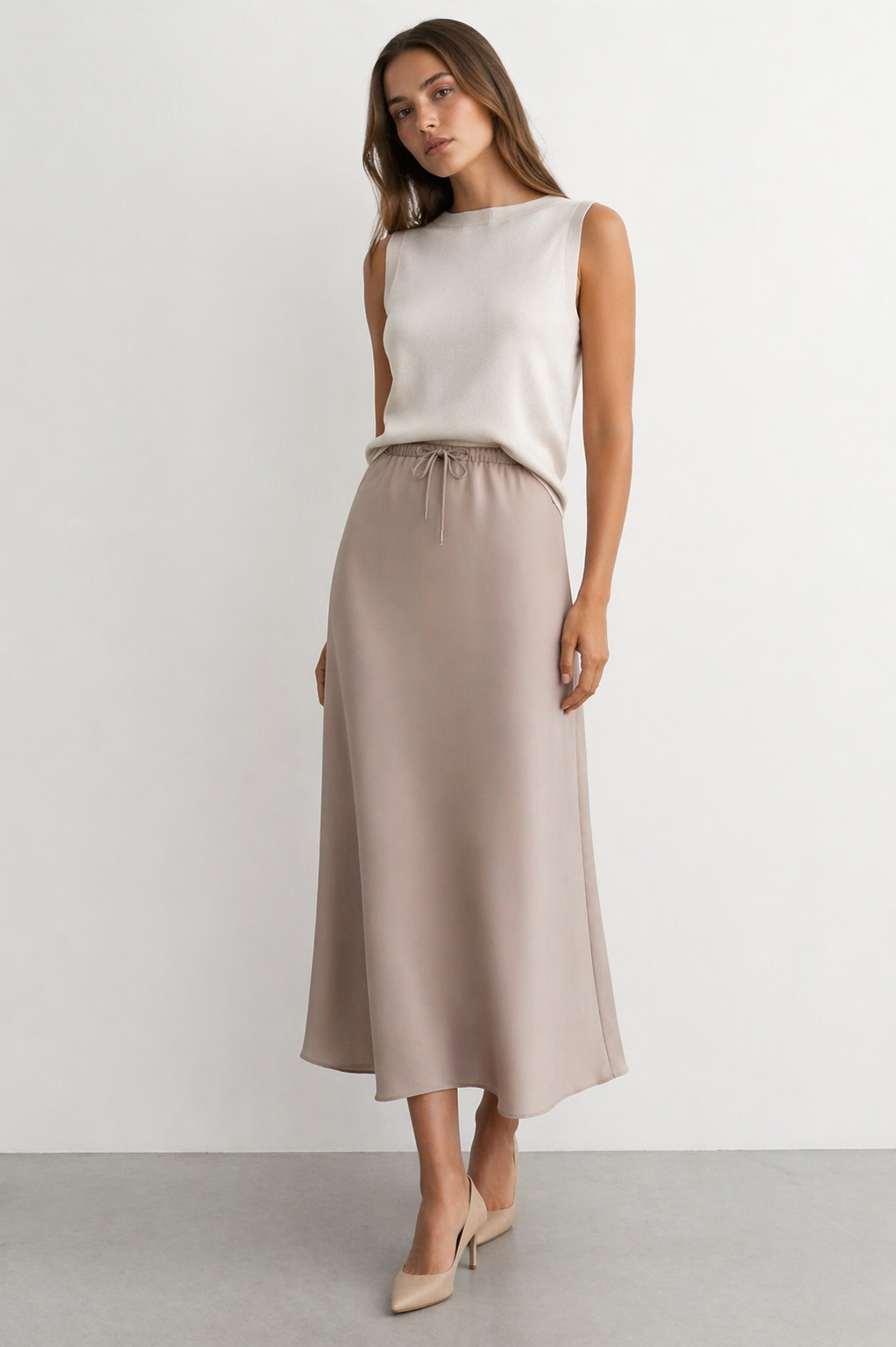 Beli İp Detay Astarlı Saten Etek 3020 - Bej