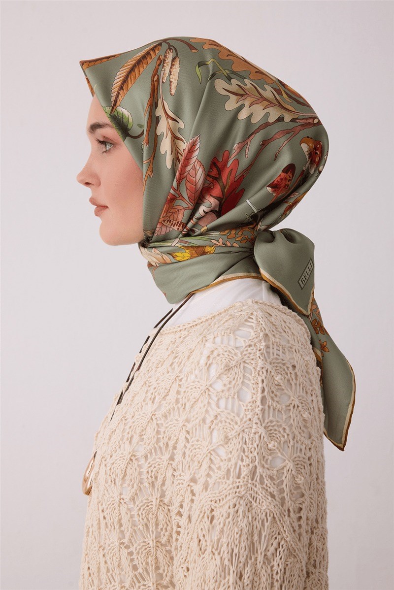 Belli 4412 Mermer Akış Soyut %100 Twill İpek Eşarp - Yeşil Eşarp BELLI 
