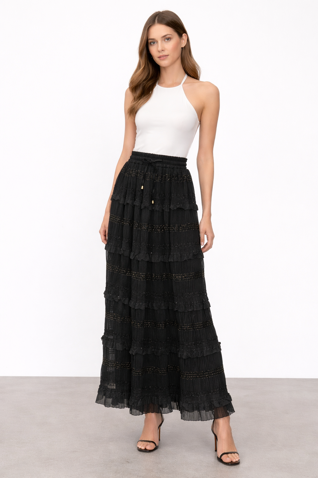 Kat Kat Detay Sim İşlemeli Etek 1519 - Siyah