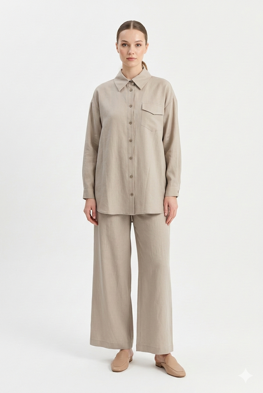 Nuss 1063 Tek Cep Kapak Detaylı Basic Pantolonlu Takım - Vizon