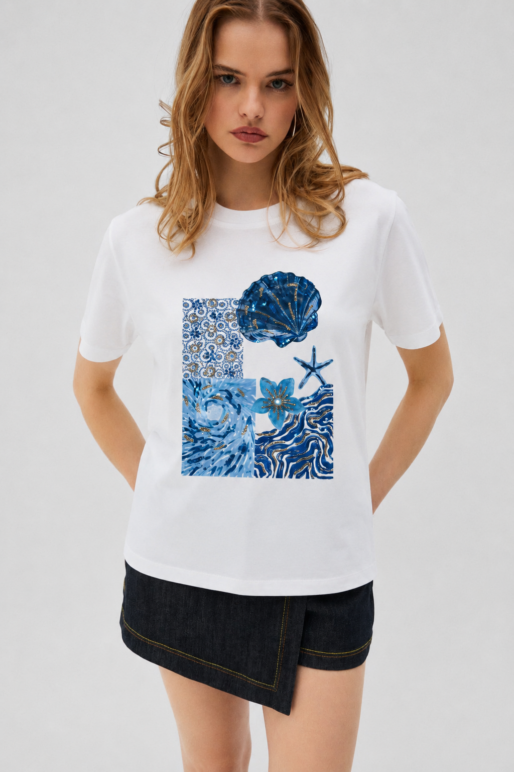Deniz Kabuğu Payet İşlemeli Tshirt 4048 - Ekru