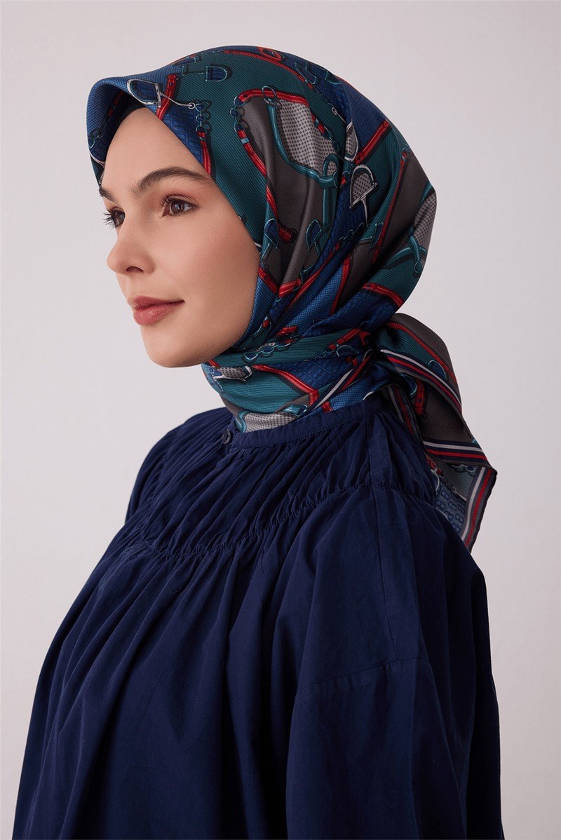 Belli 4400 Mozaik Ritim Geometrik %100 Twill İpek Eşarp - Petrol Eşarp BELLI 