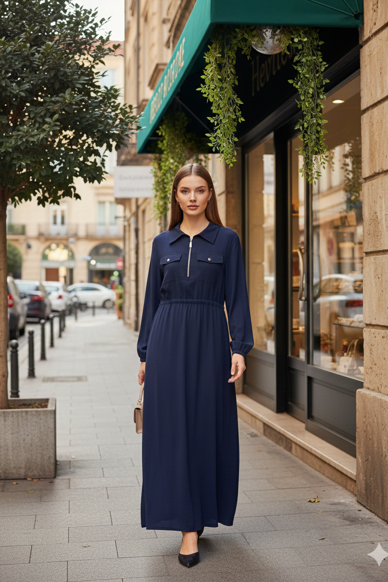 Bel Büzgü Detay Elbise 12670 - F.Navy