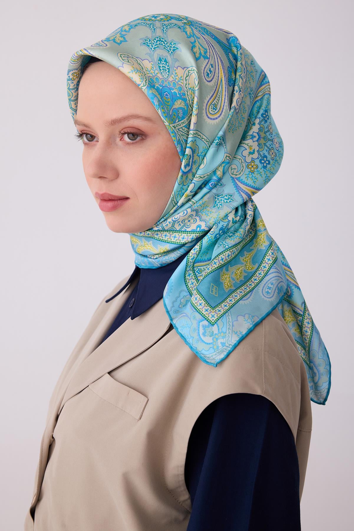 Belli Saf Twill İpek Eşarp 4304D (T) - Turkuaz