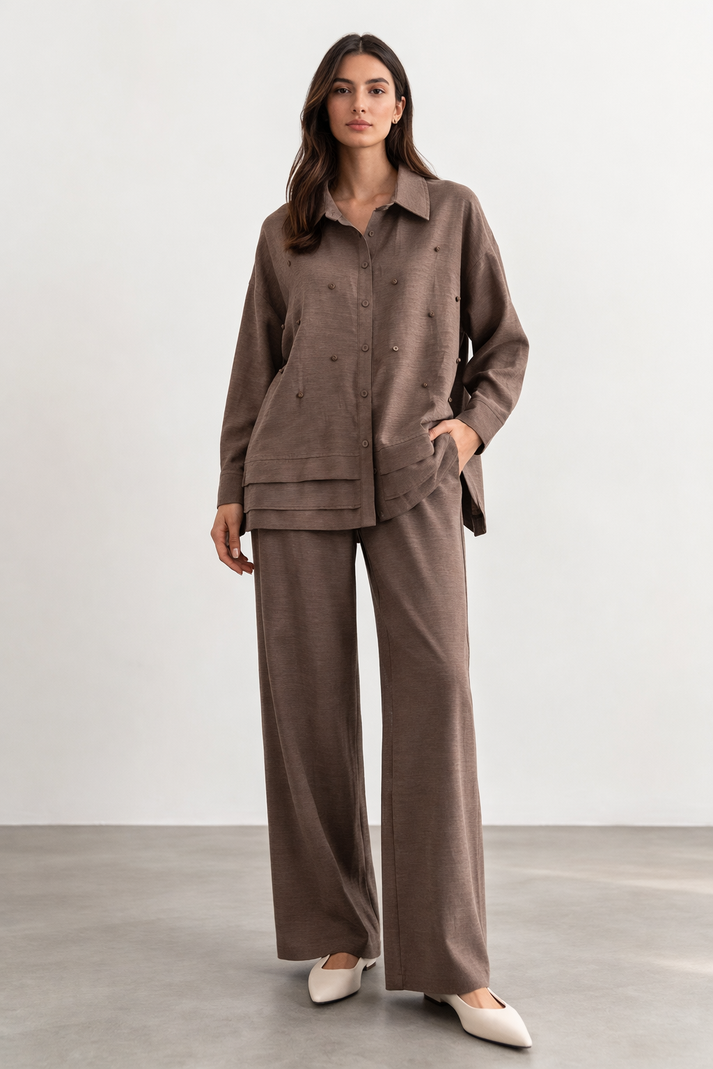 Ceremony 26Y901 Önü Tahta Boncuk İşlemeli  Pantolonlu Takım - Kahverengi