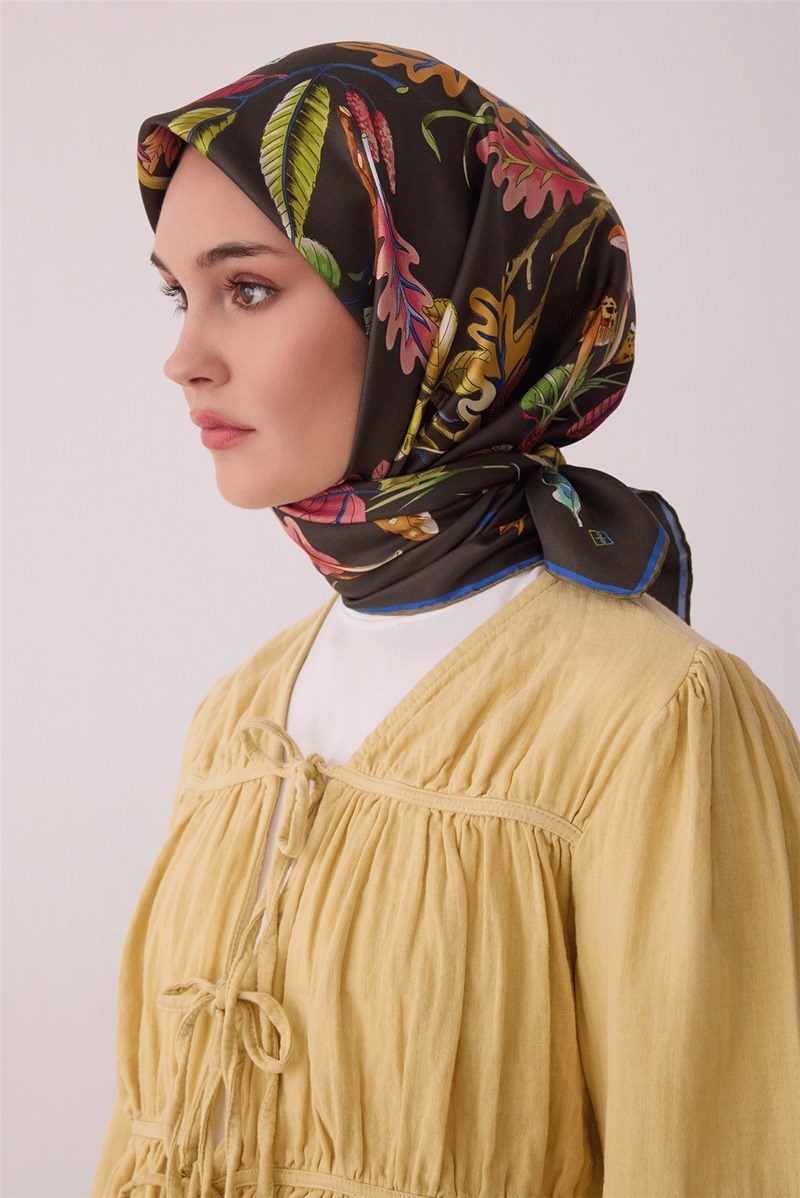 Belli 4412 Mermer Akış Soyut %100 Twill İpek Eşarp - Haki Eşarp BELLI 