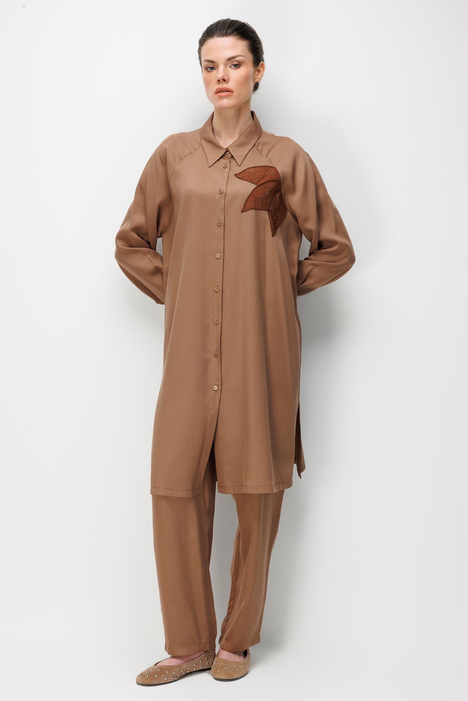 Micca 261849M Yaprak Detaylı Büyük Beden Pant. Takım - Kahve