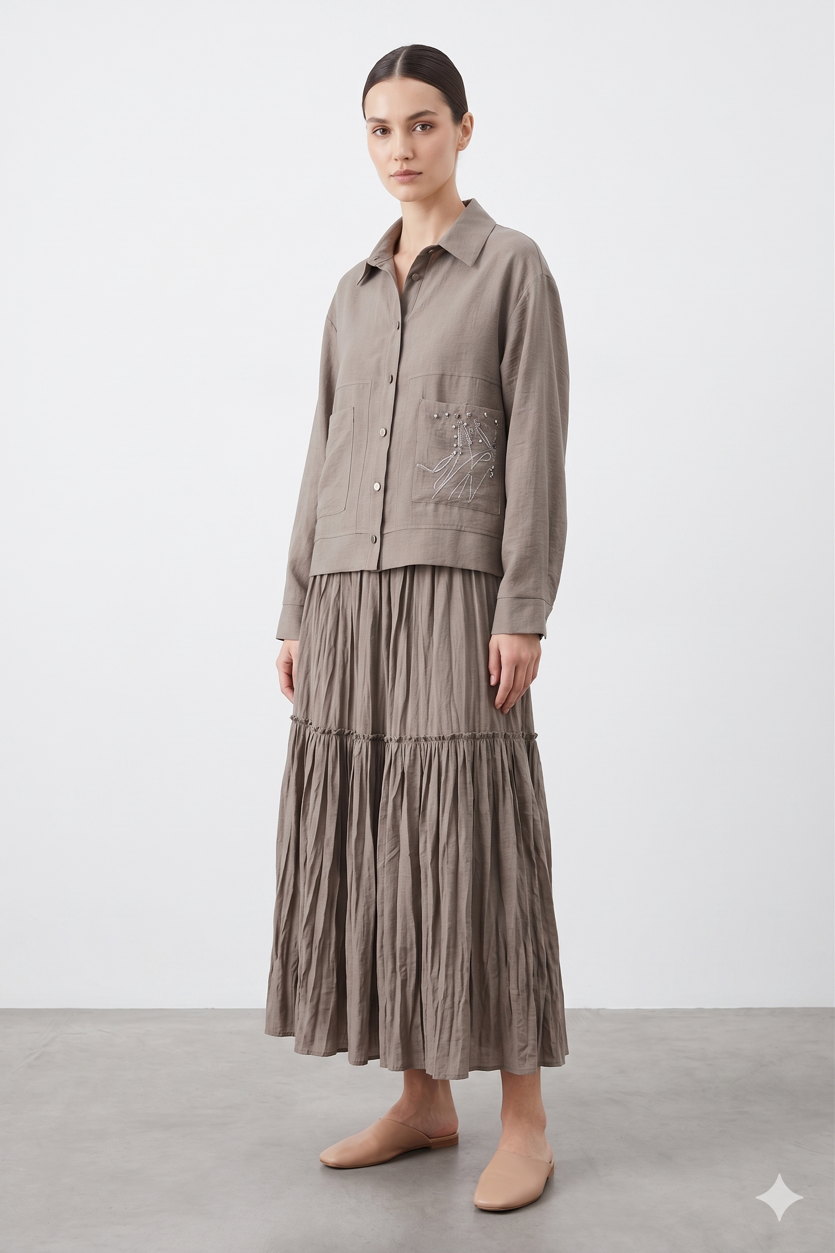 Ceremony 26Y907 Cebi Baskili Eteği Kraşli Takım - Kahverengi