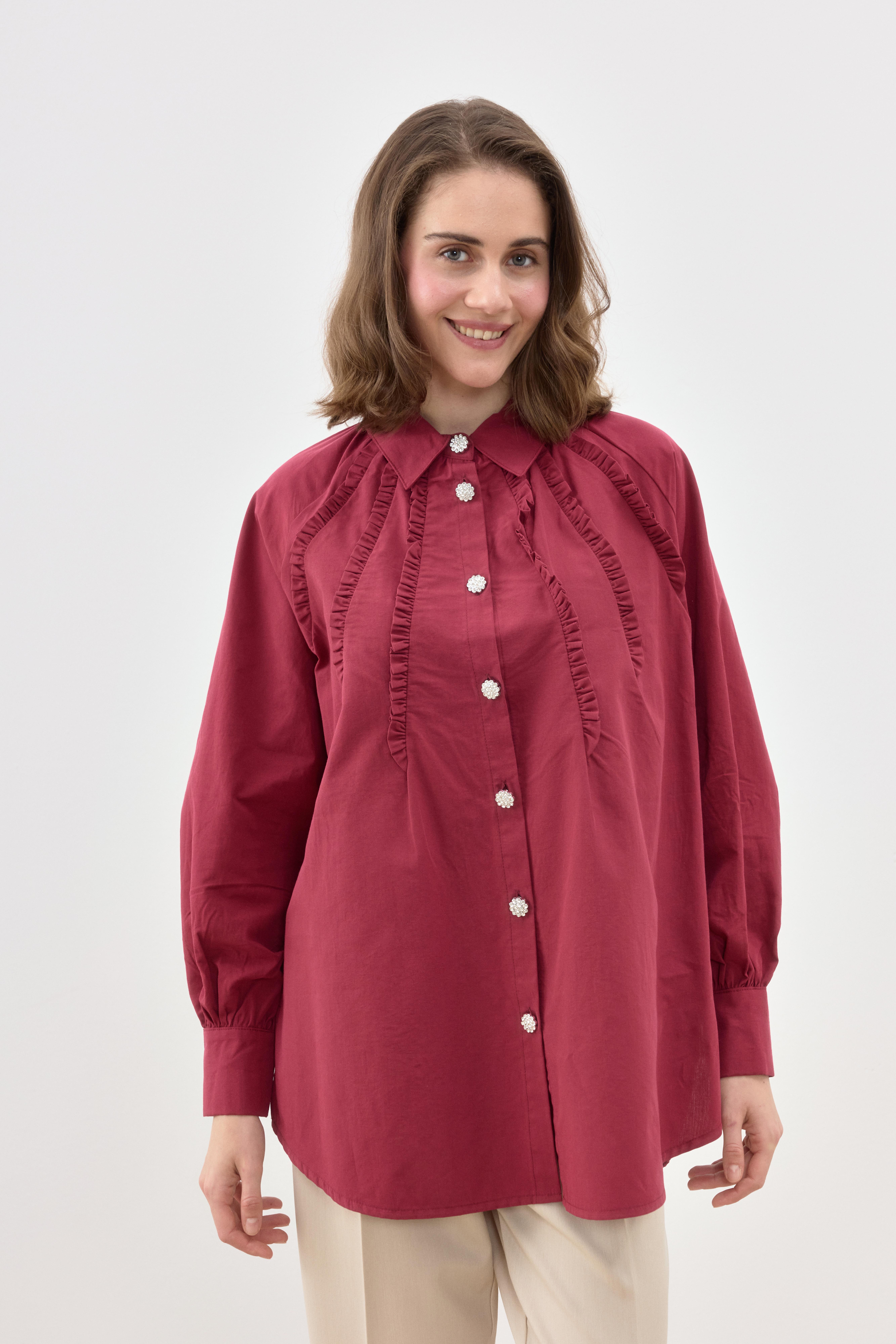 Taşlı Düğme Detaylı Gömlek Tunik 2844 - Bordo