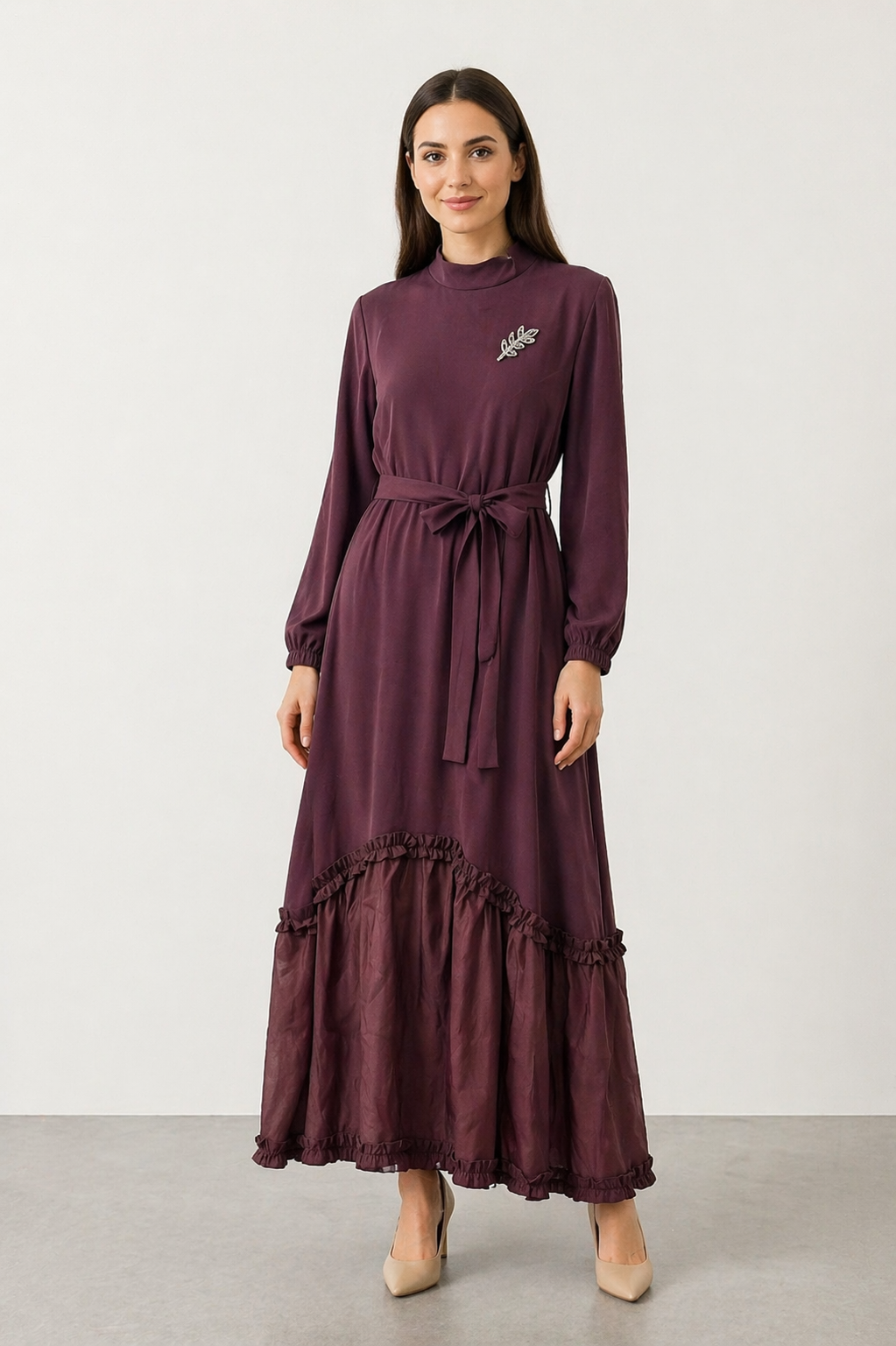 Yaka Broş Detay Elbise 12675 - Burgundy